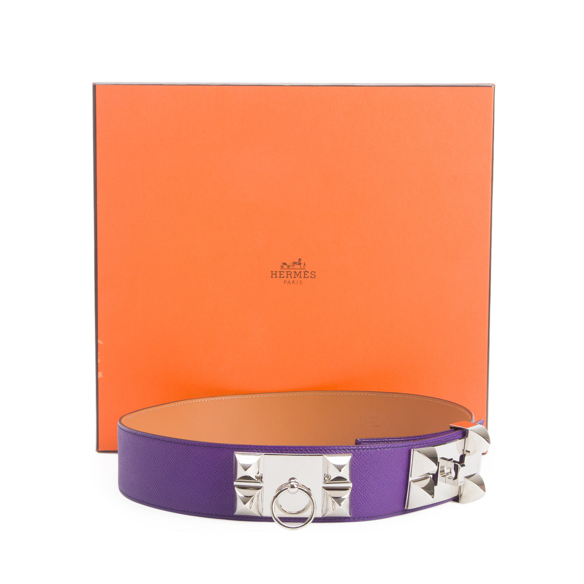 Hermes Purple Epsom Leather Palladium-Plated Collier De Chien 50 Belt 75 w/ Box