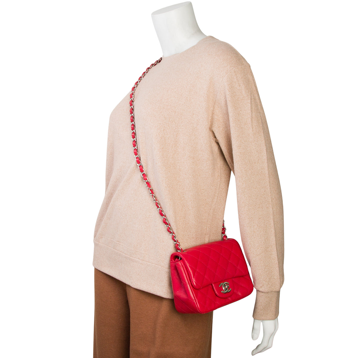 Chanel Red Quilted Caviar Leather Classic Square Mini Flap Bag w/ Box & Authenticity Card