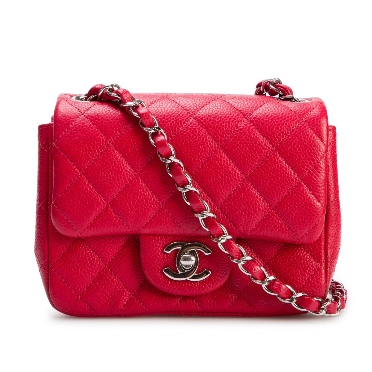 Chanel Red Quilted Caviar Leather Classic Square Mini Flap Bag w/ Box & Authenticity Card