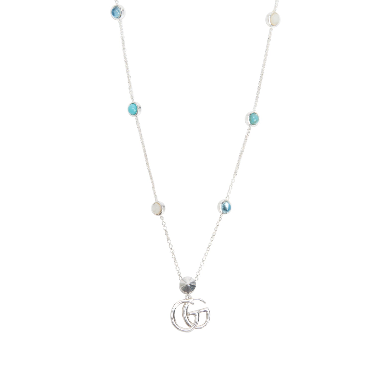 Gucci Sterling Silver Mother of Pearl, Blue Topaz & Turquoise Double G Station Necklace w/ Box