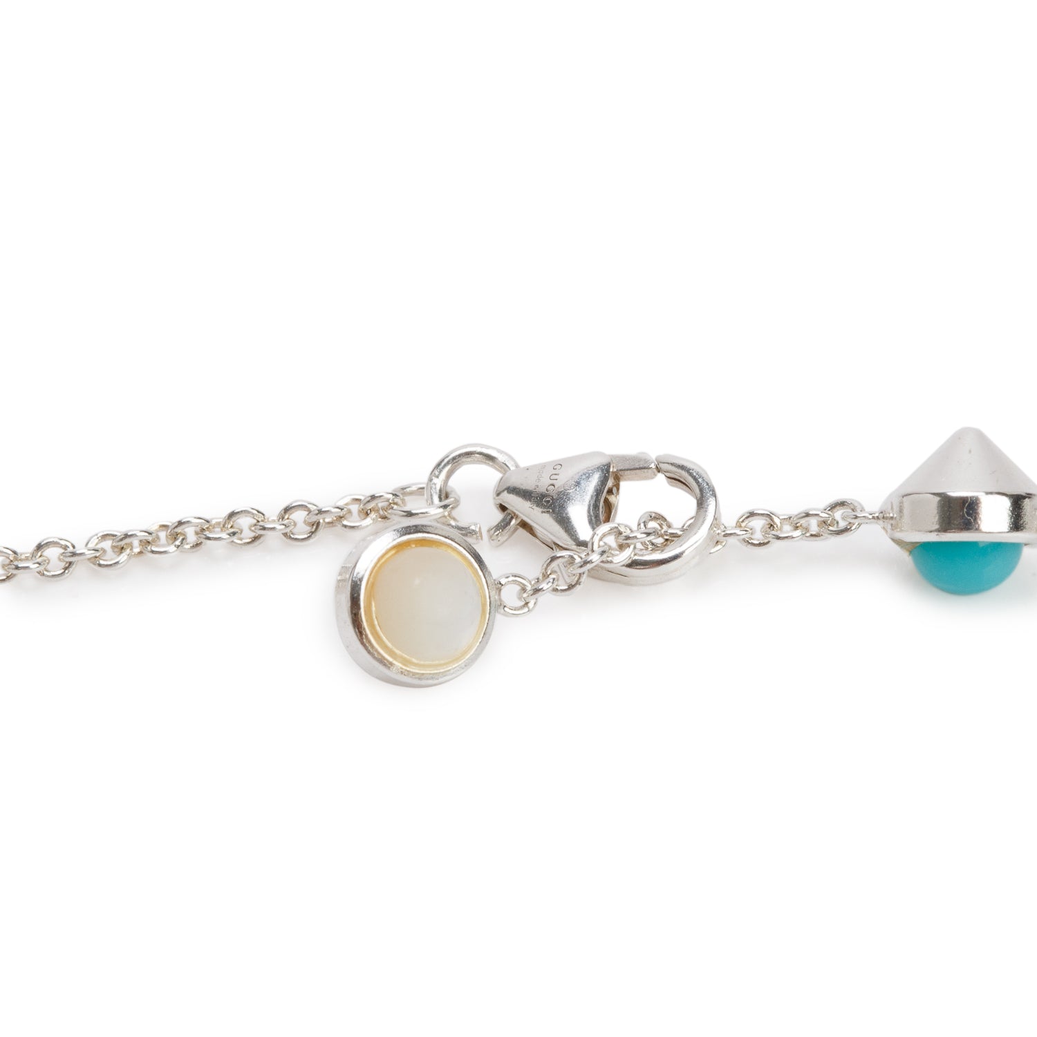 Gucci Sterling Silver Mother of Pearl, Blue Topaz & Turquoise Double G Station Necklace w/ Box
