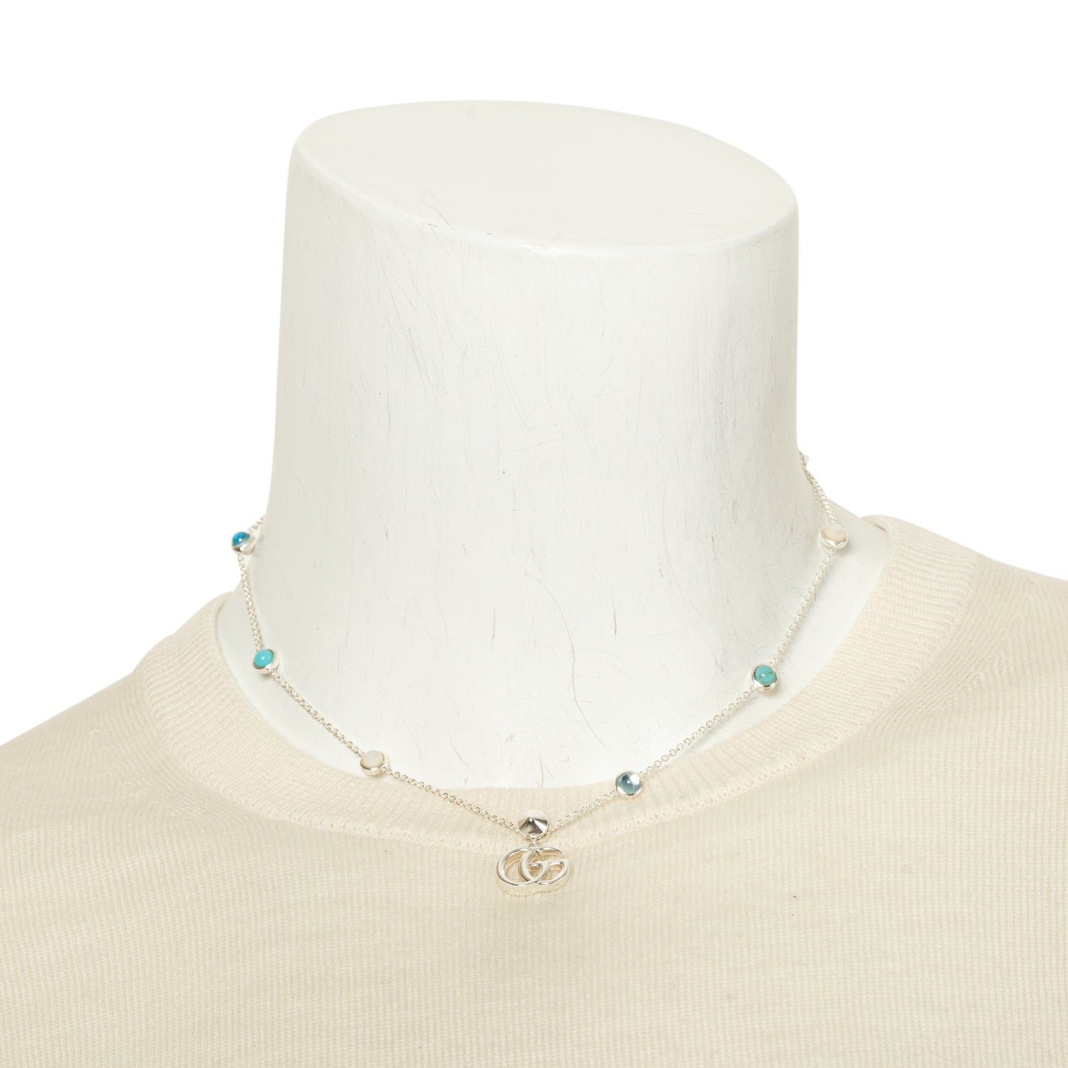Gucci Sterling Silver Mother of Pearl, Blue Topaz & Turquoise Double G Station Necklace w/ Box
