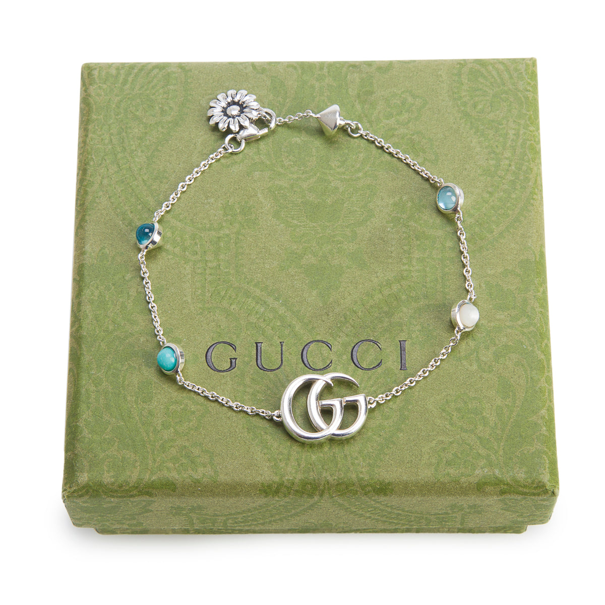 Gucci Sterling Silver GG Marmont Flower Chain Bracelet w/ Box