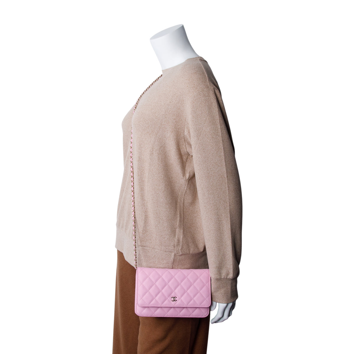 Chanel 2023 Pink Caviar Quilted Classic Wallet on Chain w/ Box