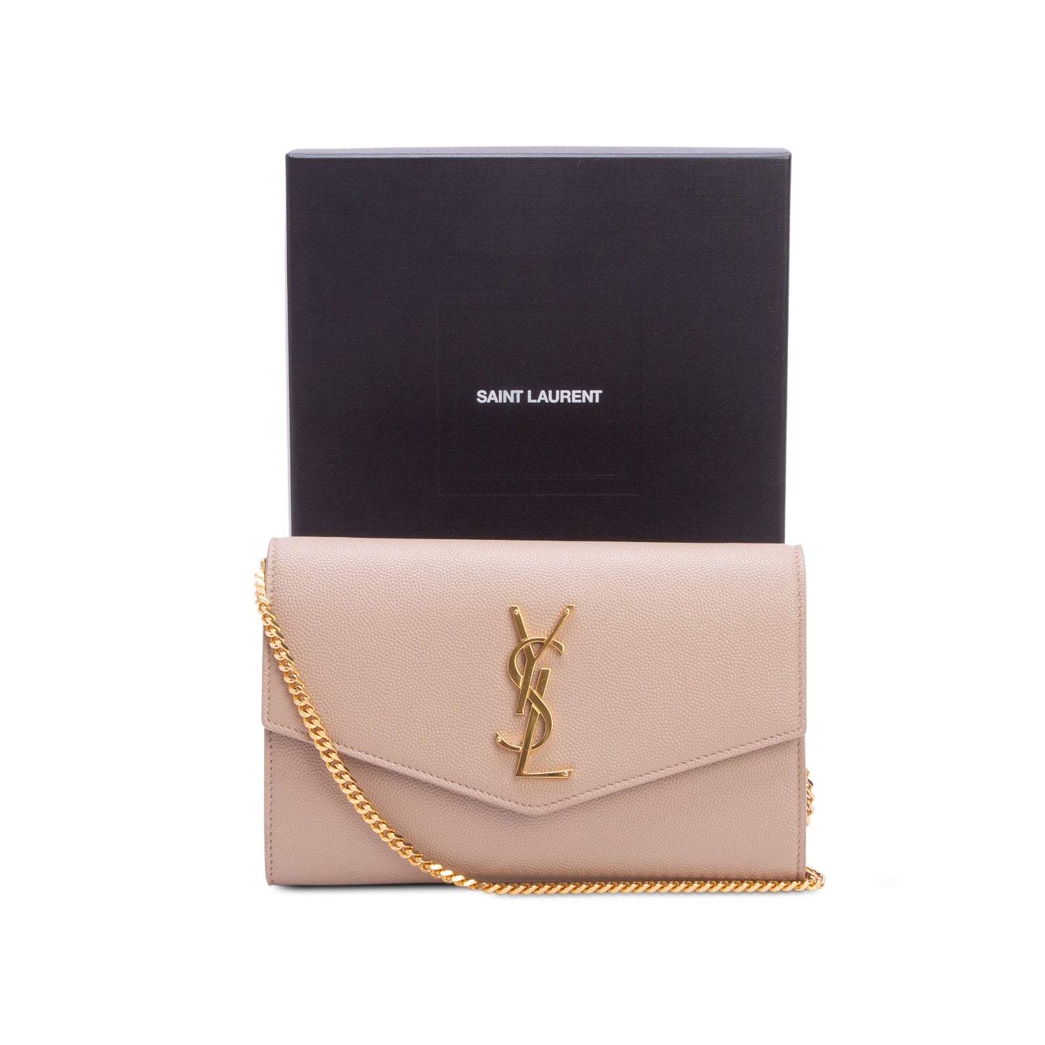 Saint Laurent 2020 Brown Grain De Poudre Monogram Uptown Chain Wallet w/ Box
