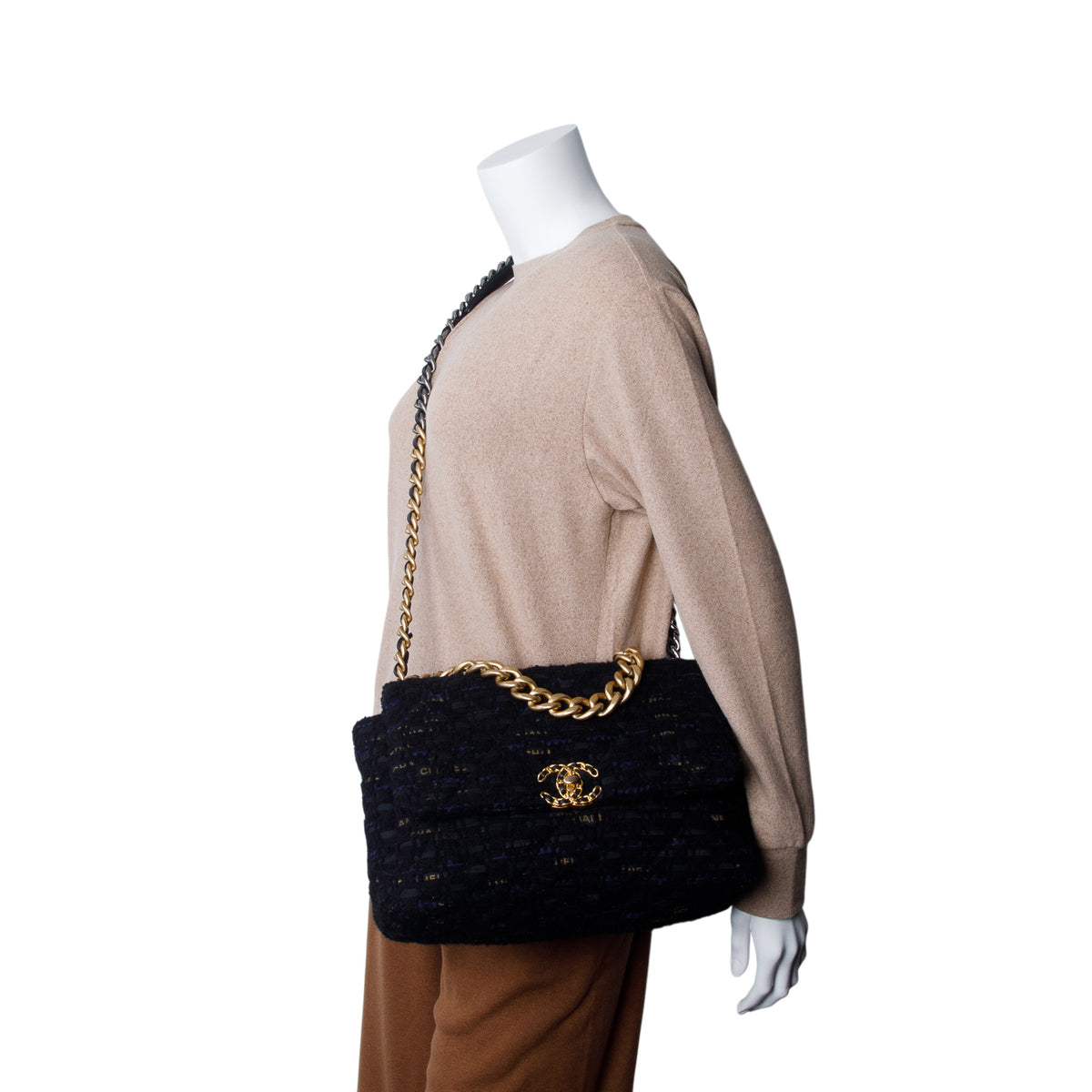 Chanel 2020 Black Tweed & Ribbon Quilted Large 19 Flap Bag