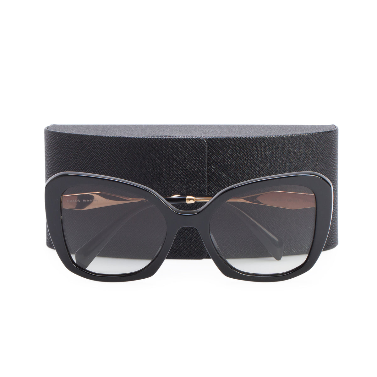 Prada SPR 03Y Gold Plated Black Acetate Oversize Cat-Eye Sunglasses w/ Case