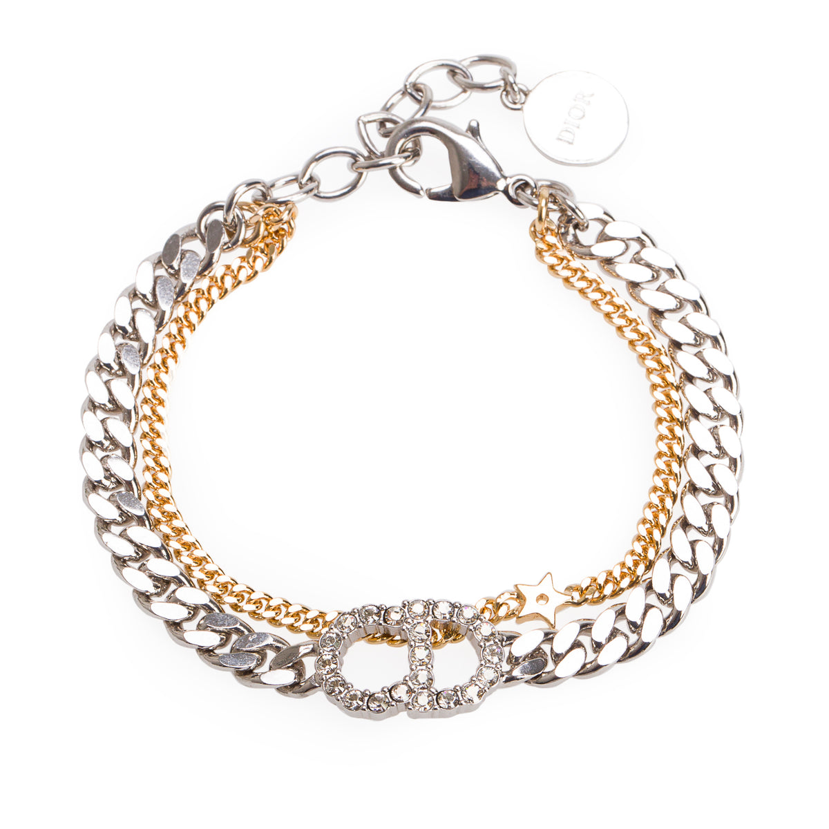 Christian Dior Gold & Silver-Tone Metal Crystal CD Double Chain Bracelet w/ Box