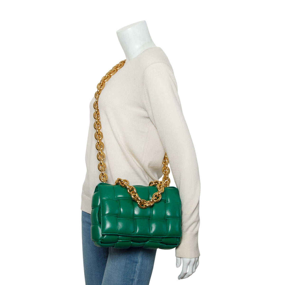 Bottega Veneta Green Lambskin Maxi Intreccio Padded Chain Cassette Crossbody Bag