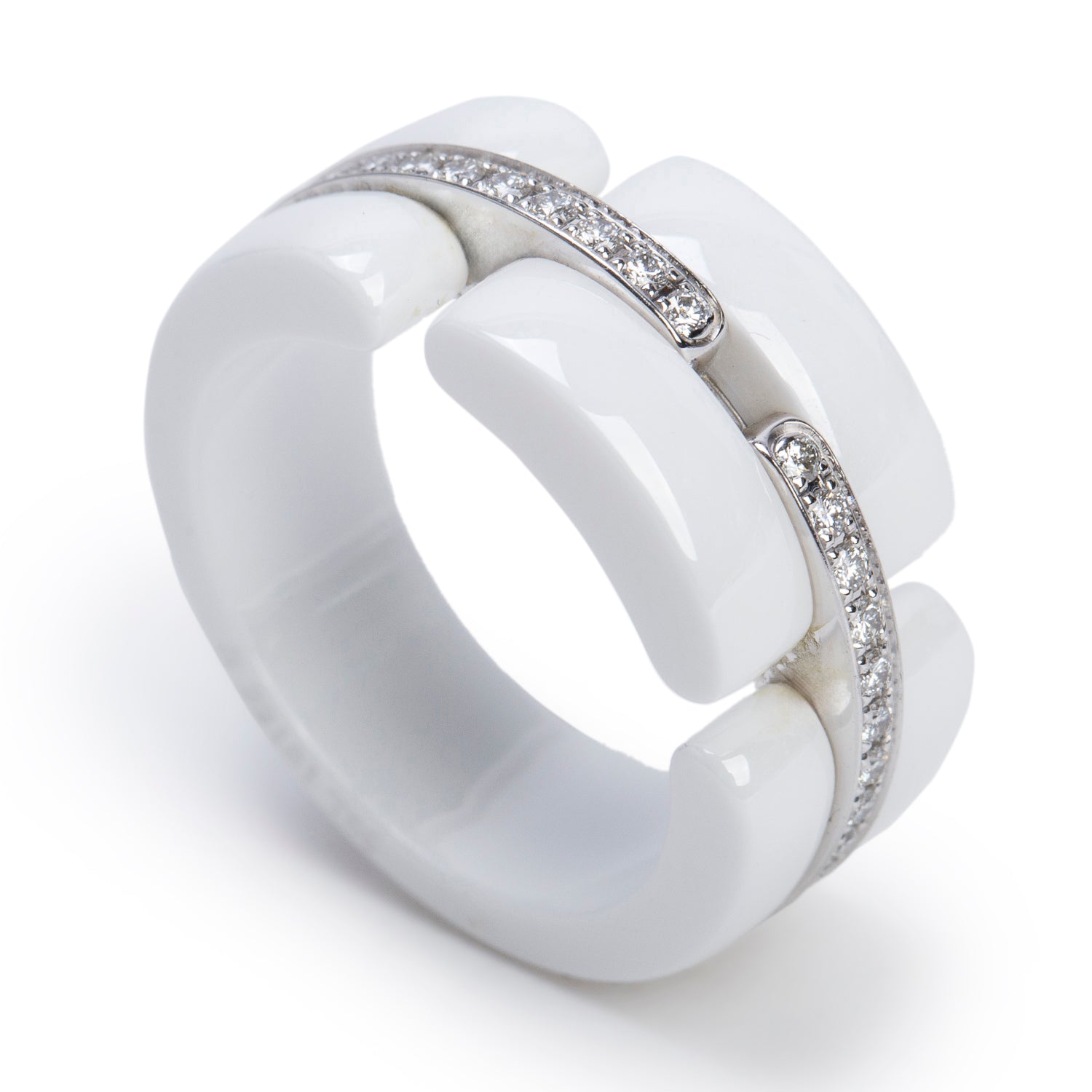Chanel 18k White Gold & Diamond White Ceramic New Ultra Ring, Size 7.25 w/ Box