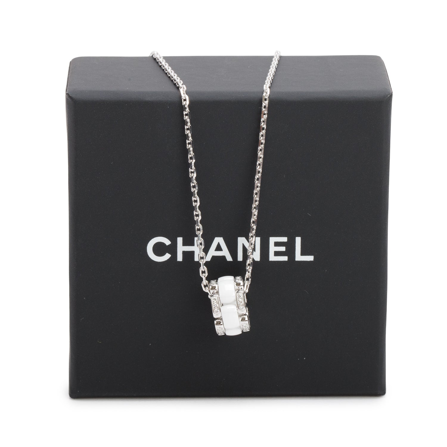 Chanel 18k White Gold & White Ceramic Diamond Ultra Pendant Necklace w/ Box