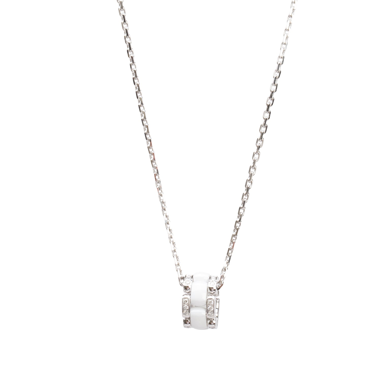 Chanel 18k White Gold & White Ceramic Diamond Ultra Pendant Necklace w/ Box