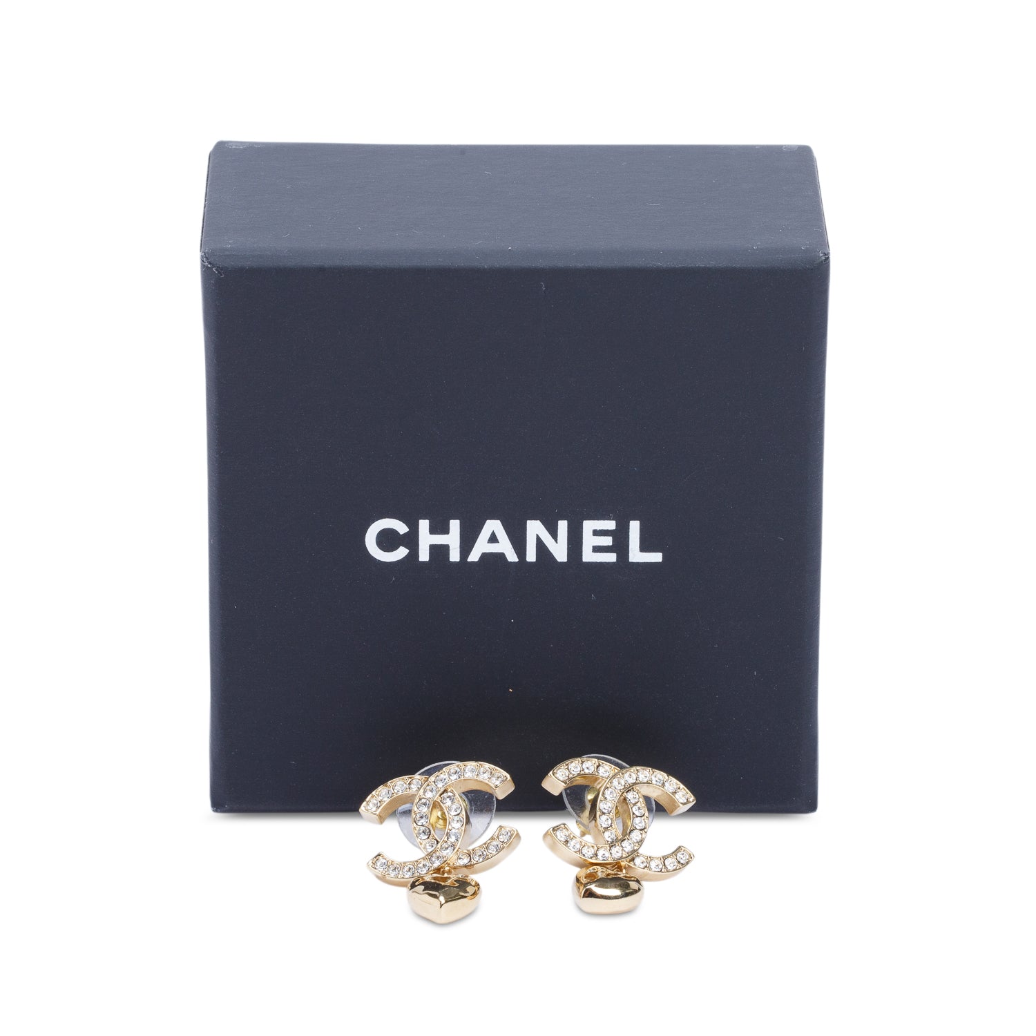 Chanel 2023 Gold-Plated Strass CC Heart Drop Earrings w/ Box