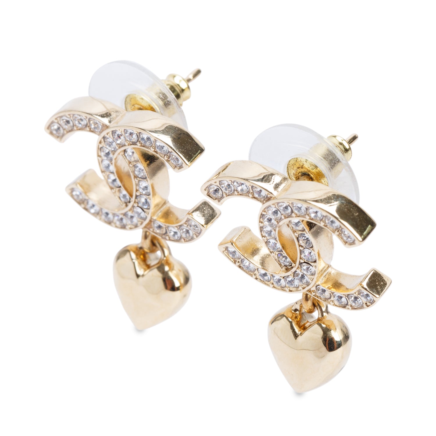 Chanel 2023 Gold-Plated Strass CC Heart Drop Earrings w/ Box