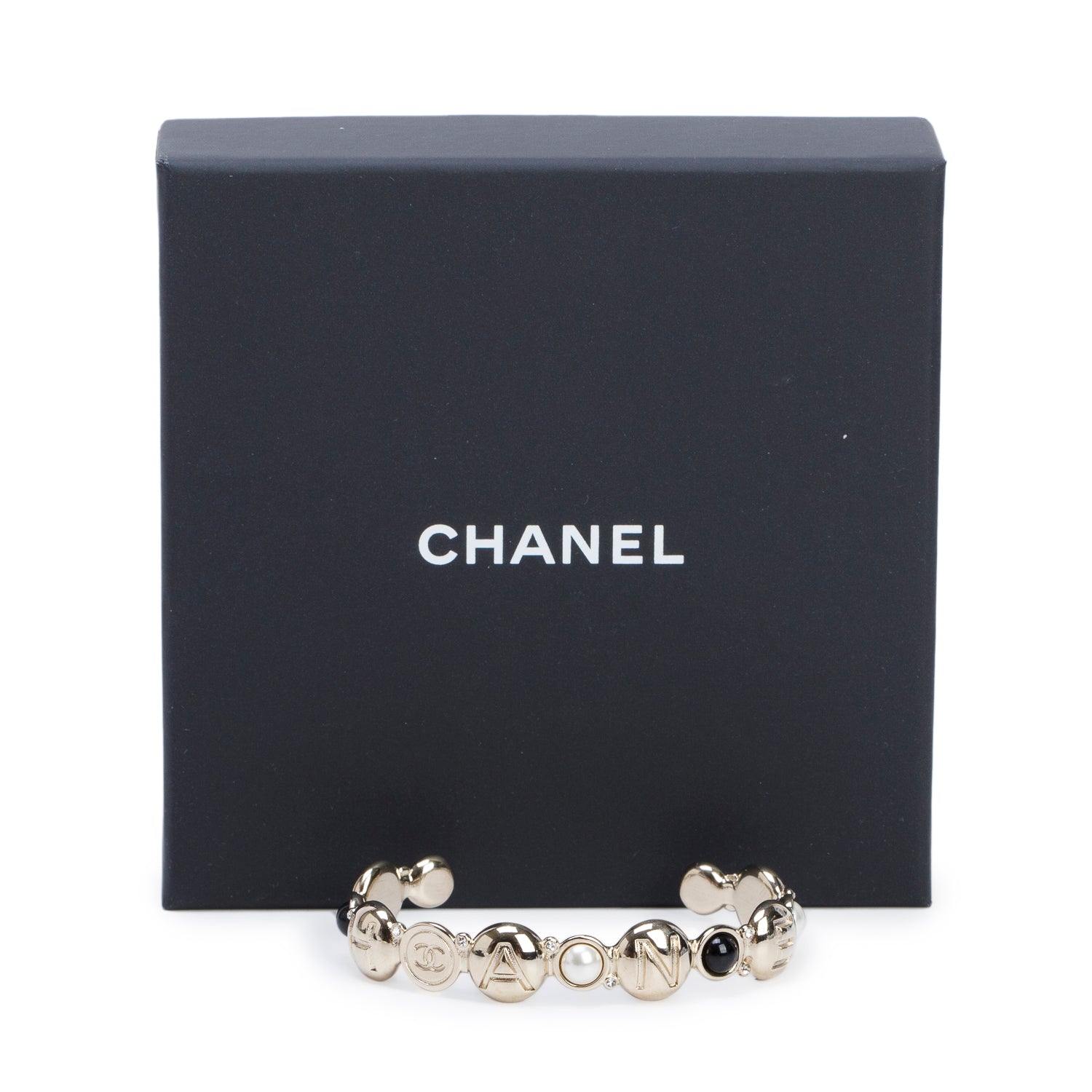 Chanel Gold-Plated Faux Pearl Black Resin Strass Logo Cuff Bracelet w/ Box