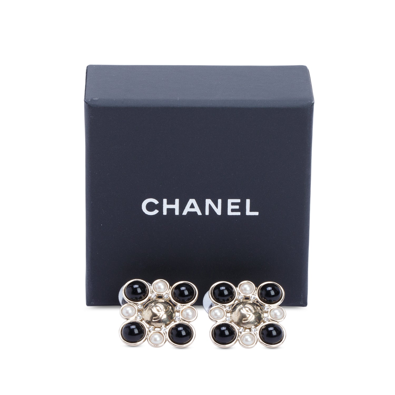 Chanel Gold Plated Faux Pearl, Black Resin, Strass CC Logo Earrings w/ Box