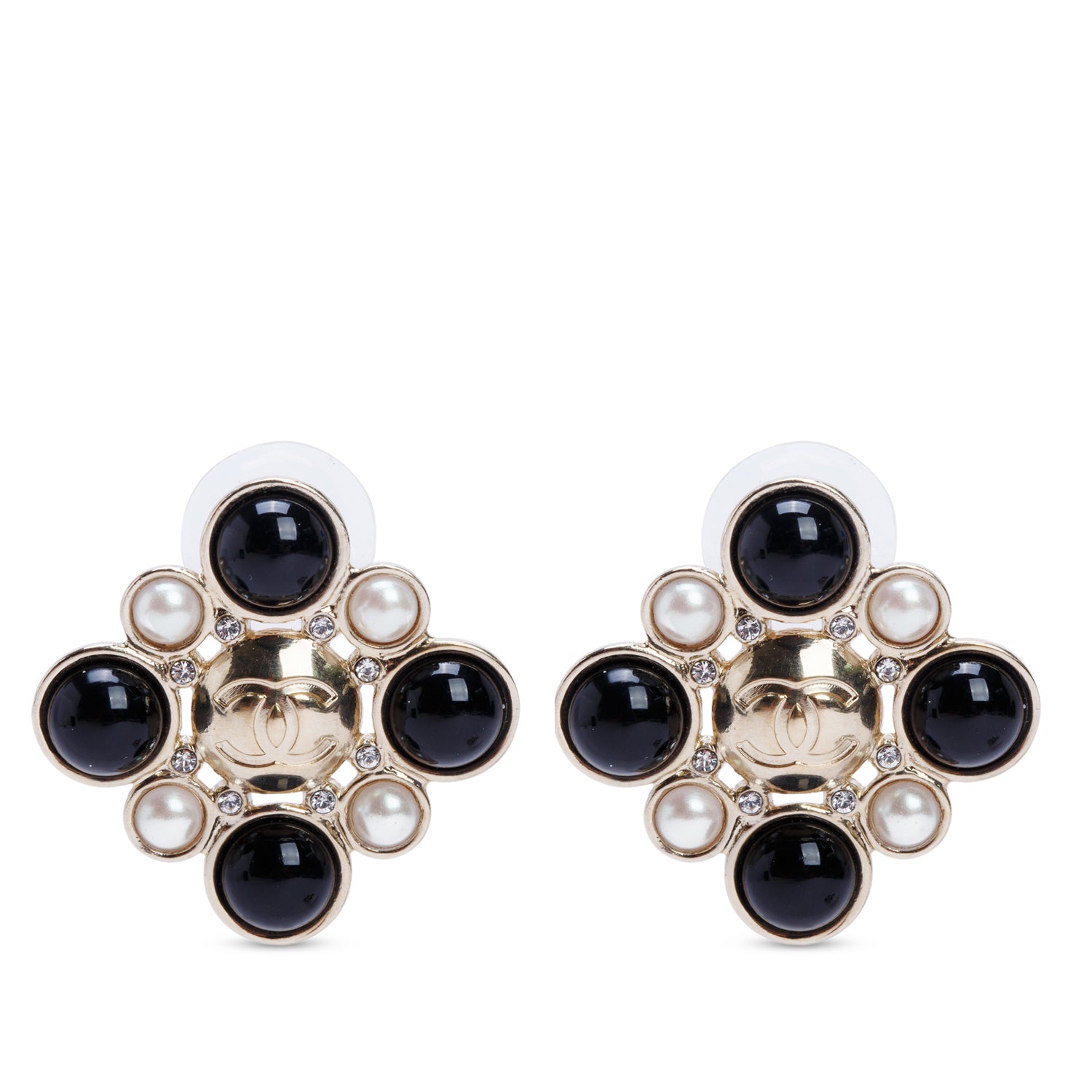 Chanel Gold Plated Faux Pearl, Black Resin, Strass CC Logo Earrings w/ Box