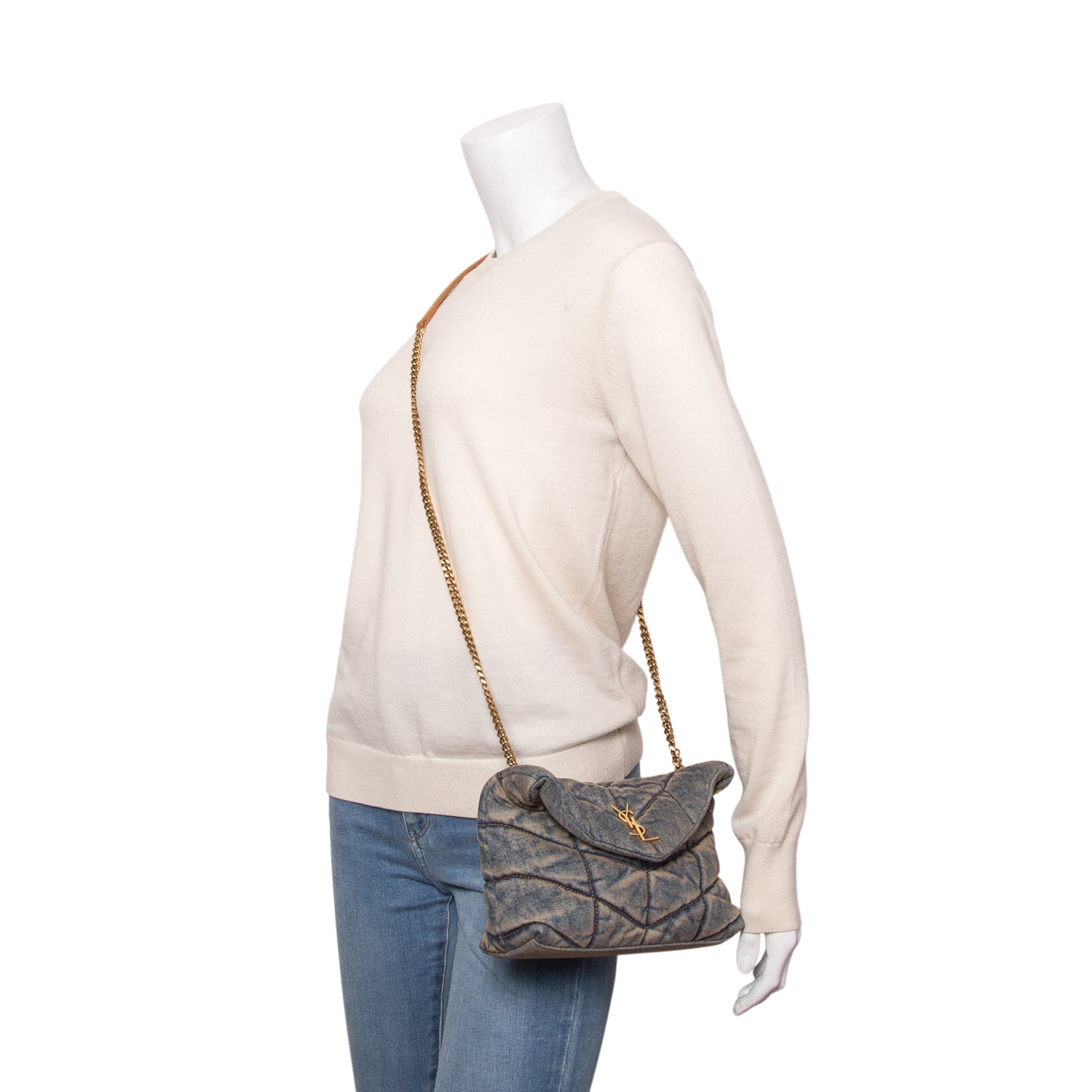 Saint Laurent 2022 Denim Quilted Toy Loulou Puffer Monogram Chain Satchel