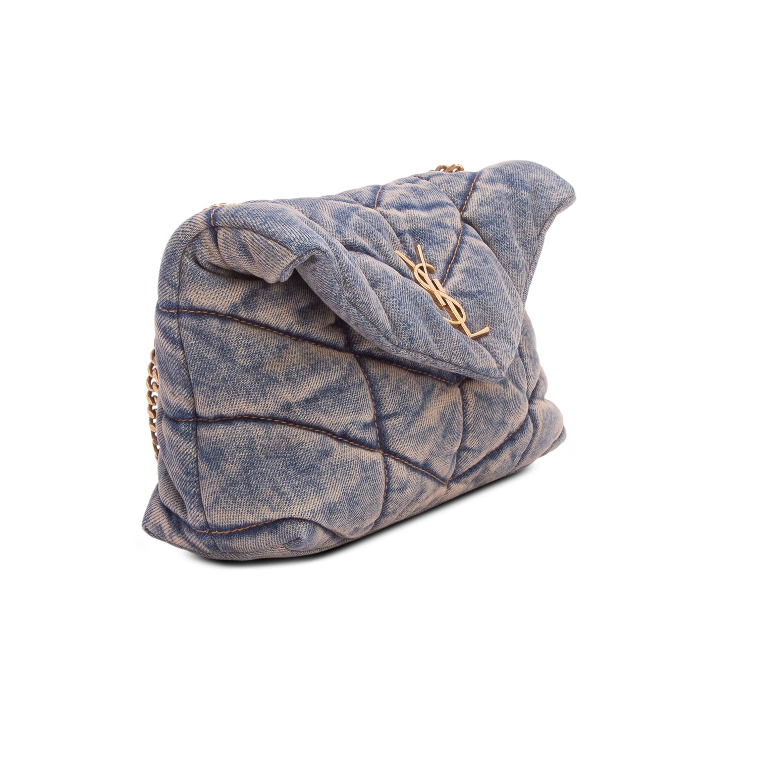 Saint Laurent 2022 Denim Quilted Toy Loulou Puffer Monogram Chain Satchel