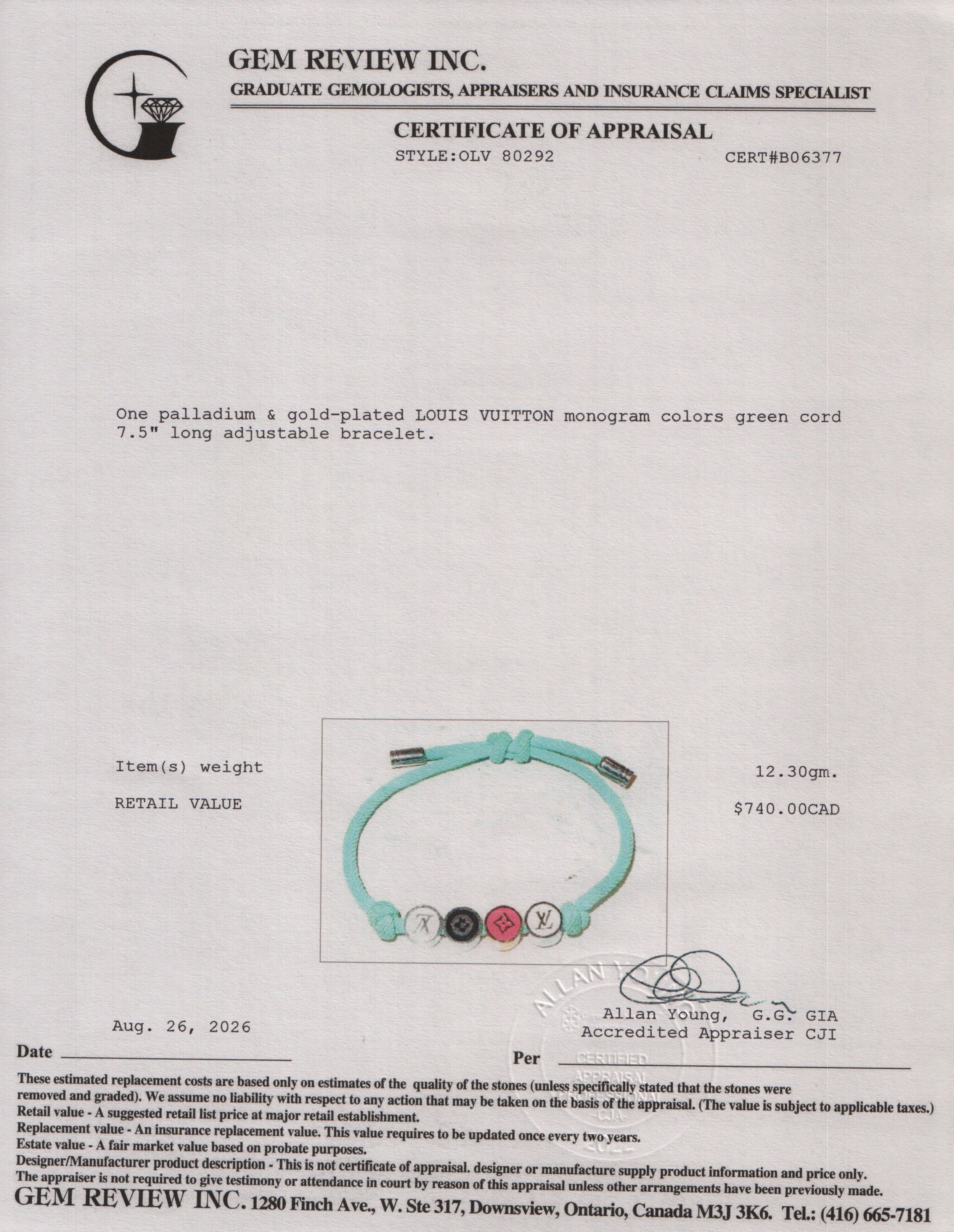 Louis Vuitton Palladium & Gold-Plated Monogram Colors Green Cord Bracelet