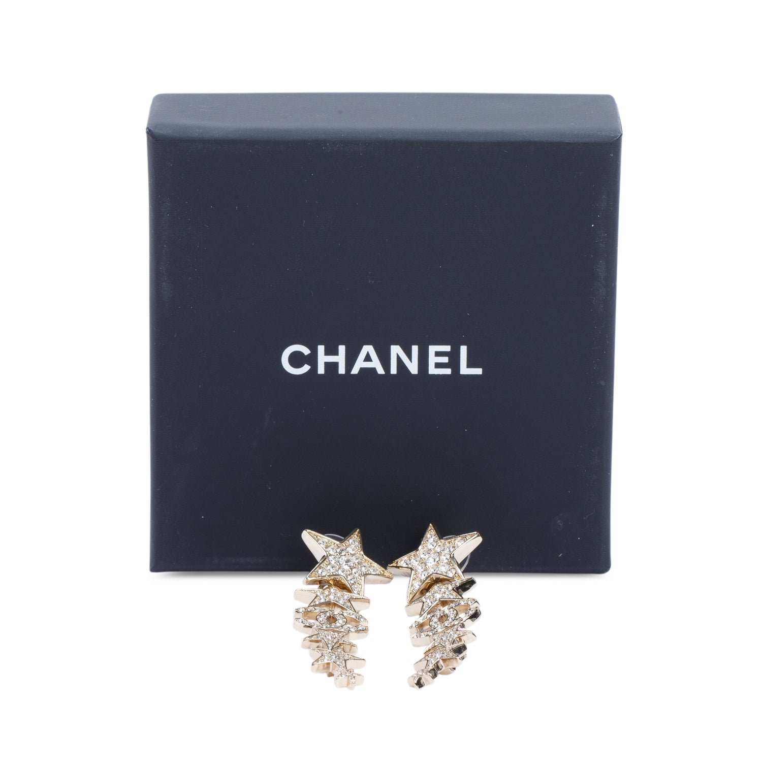 Chanel 2023 Gold Plated Strass CC Star Drop Earrings w/ Box
