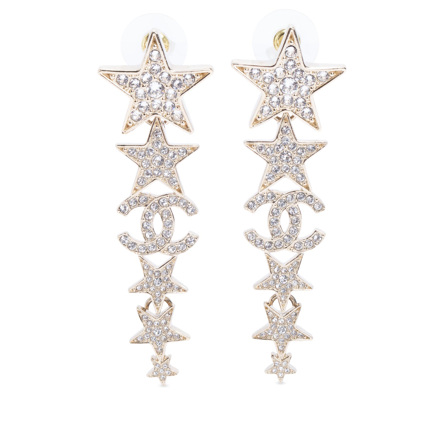 Chanel 2023 Gold Plated Strass CC Star Drop Earrings w/ Box