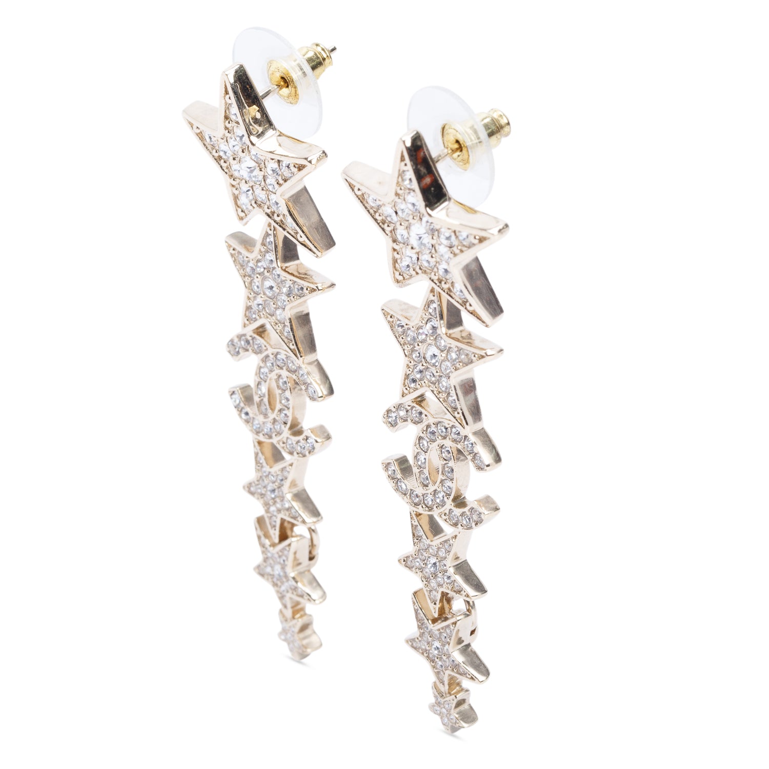 Chanel 2023 Gold Plated Strass CC Star Drop Earrings w/ Box