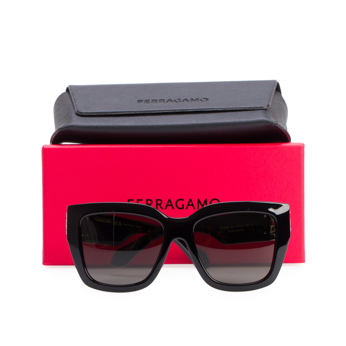 Ferragamo SF2083SE Black Acetate Gancini Square Sunglasses w/ Box & Case
