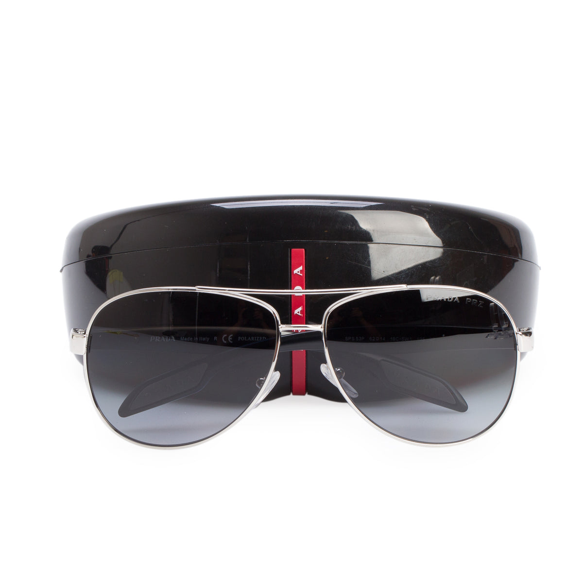 Prada SPS 53P Silver-Tone Metal Black Acetate Linea Rosa Pilot Sunglasses w/ Case