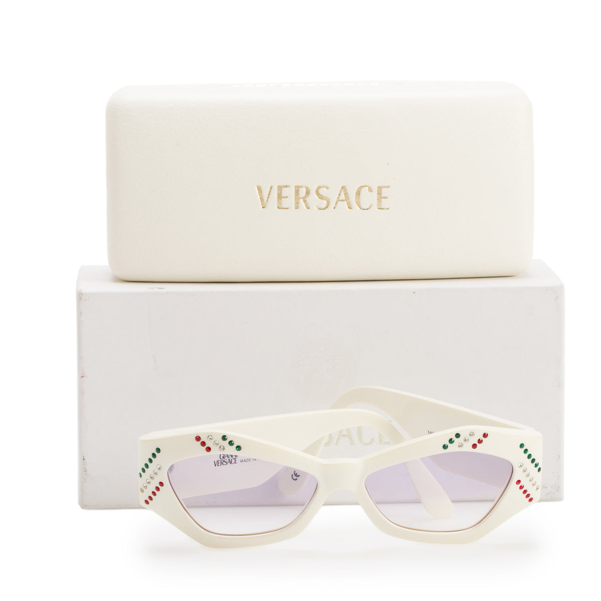 Versace MOD.421/E White Acetate Crystal Medusa Cat-Eye Sunglasses w/ Box & Case
