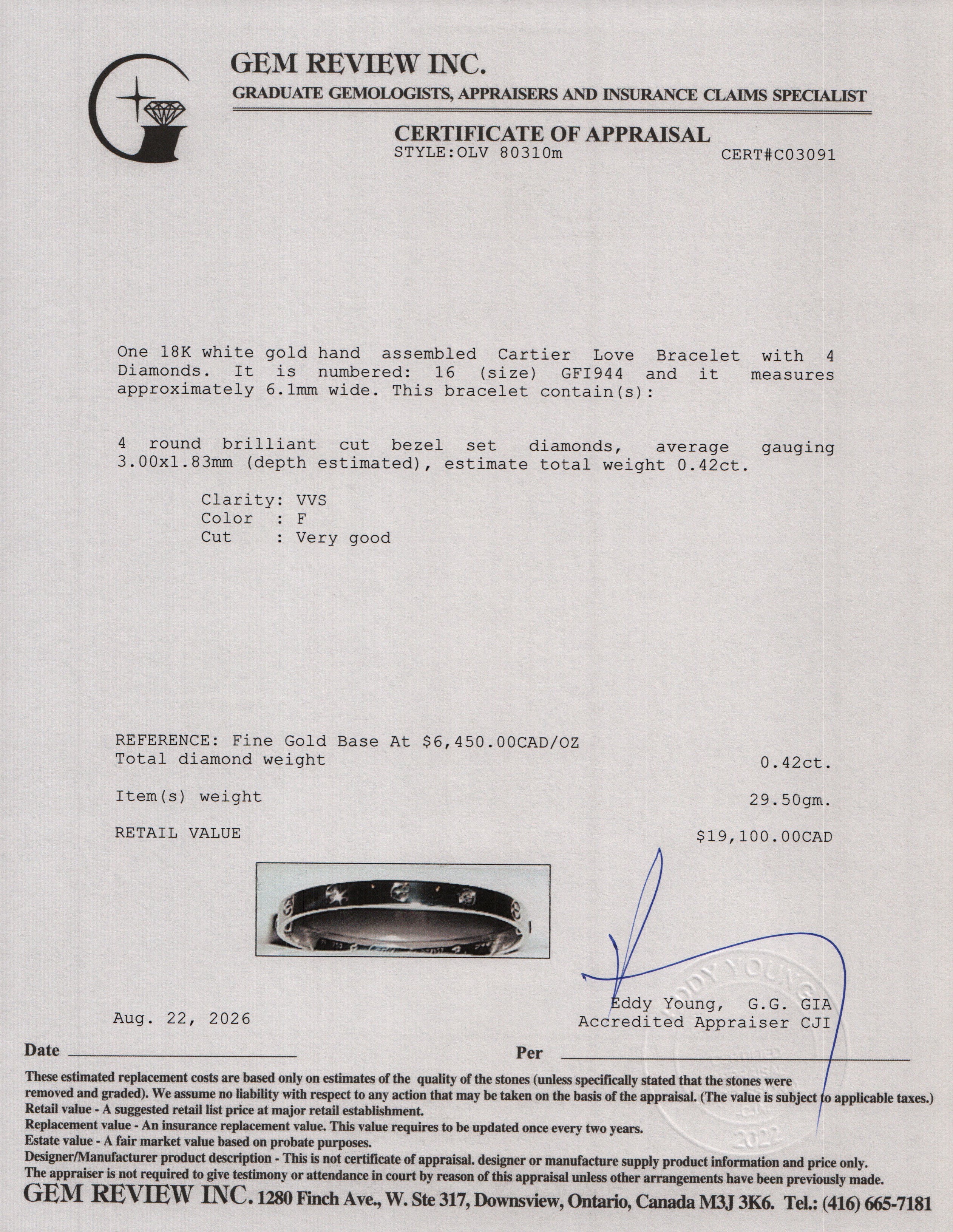 Cartier 18k White Gold Love Bracelet with 4 Diamonds, Classic Model Size 16 w/ Box