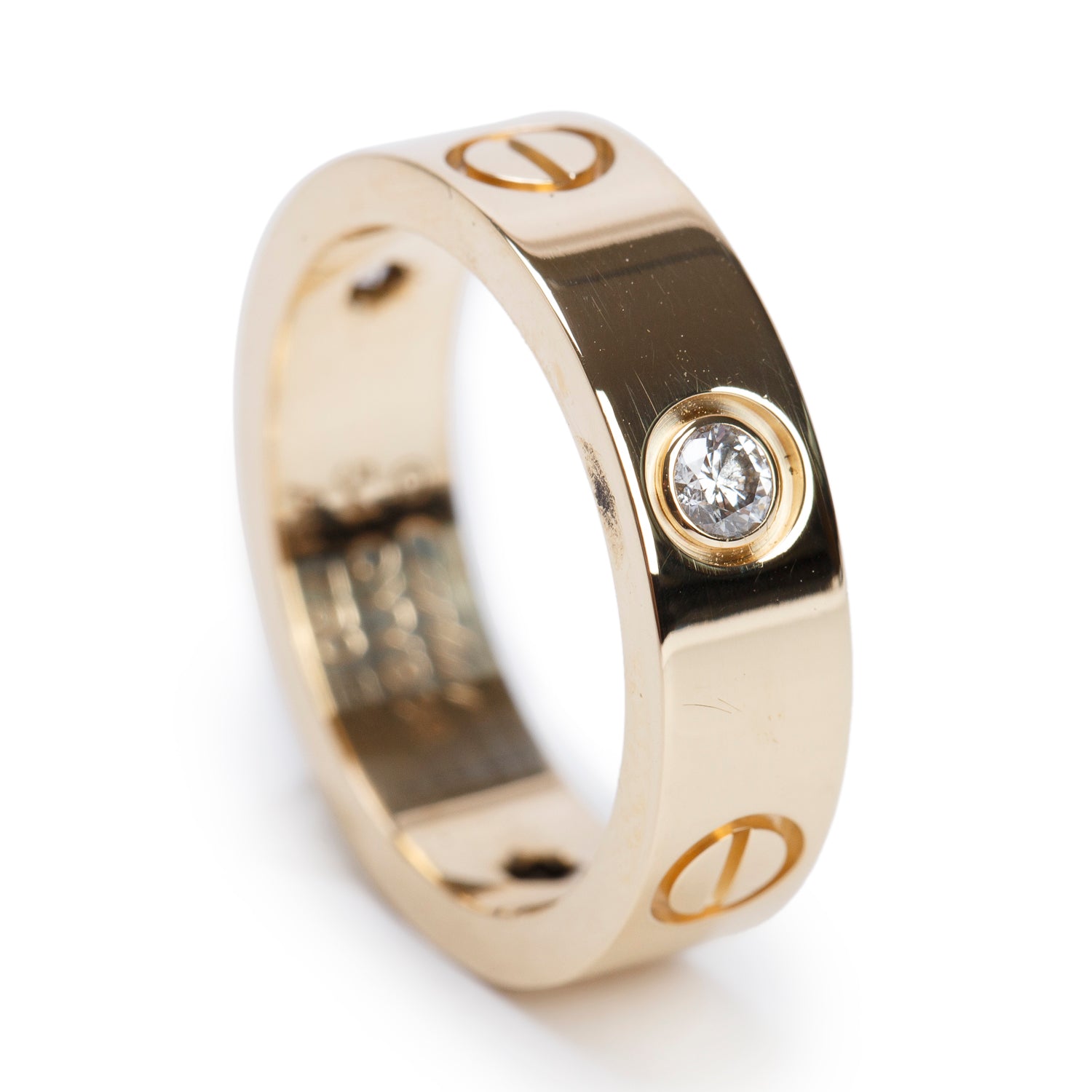 Cartier 18k Yellow Gold 3 Diamond 5.5 MM Love Ring, Size 54 6.75 w/ Box, Receipt & Certificate