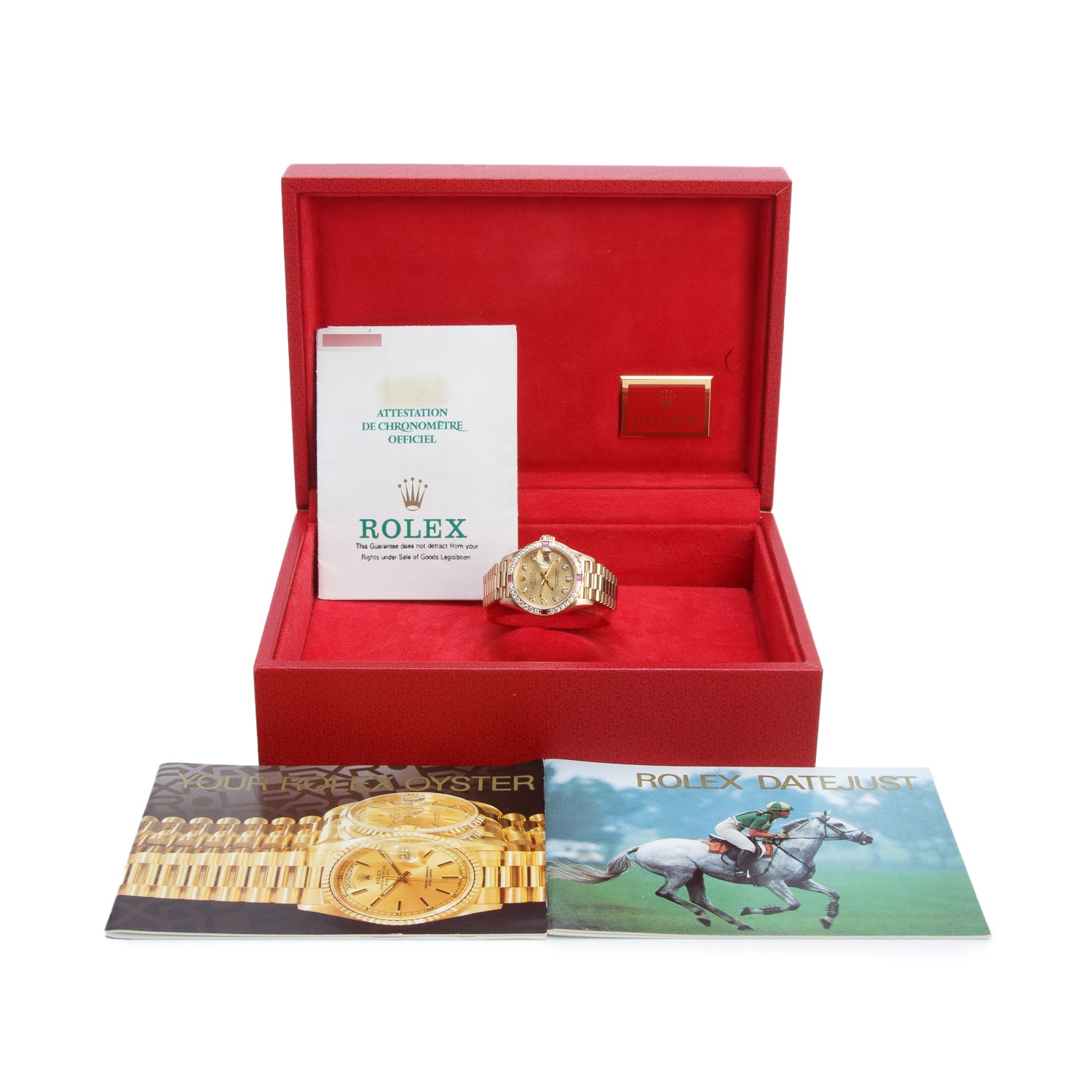 Rolex 18k Yellow Gold Factory Diamond & Ruby Bezel Lady-Datejust President 26 MM Automatic Watch Champagne Diamond Dial 69068 w/ Box & Papers