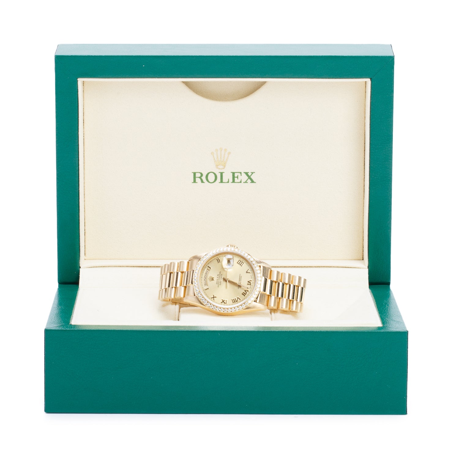 Rolex 18k Yellow Gold Diamond Bezel Day Date 36 MM President Automatic Watch Champagne Dial 18238 w/ Box