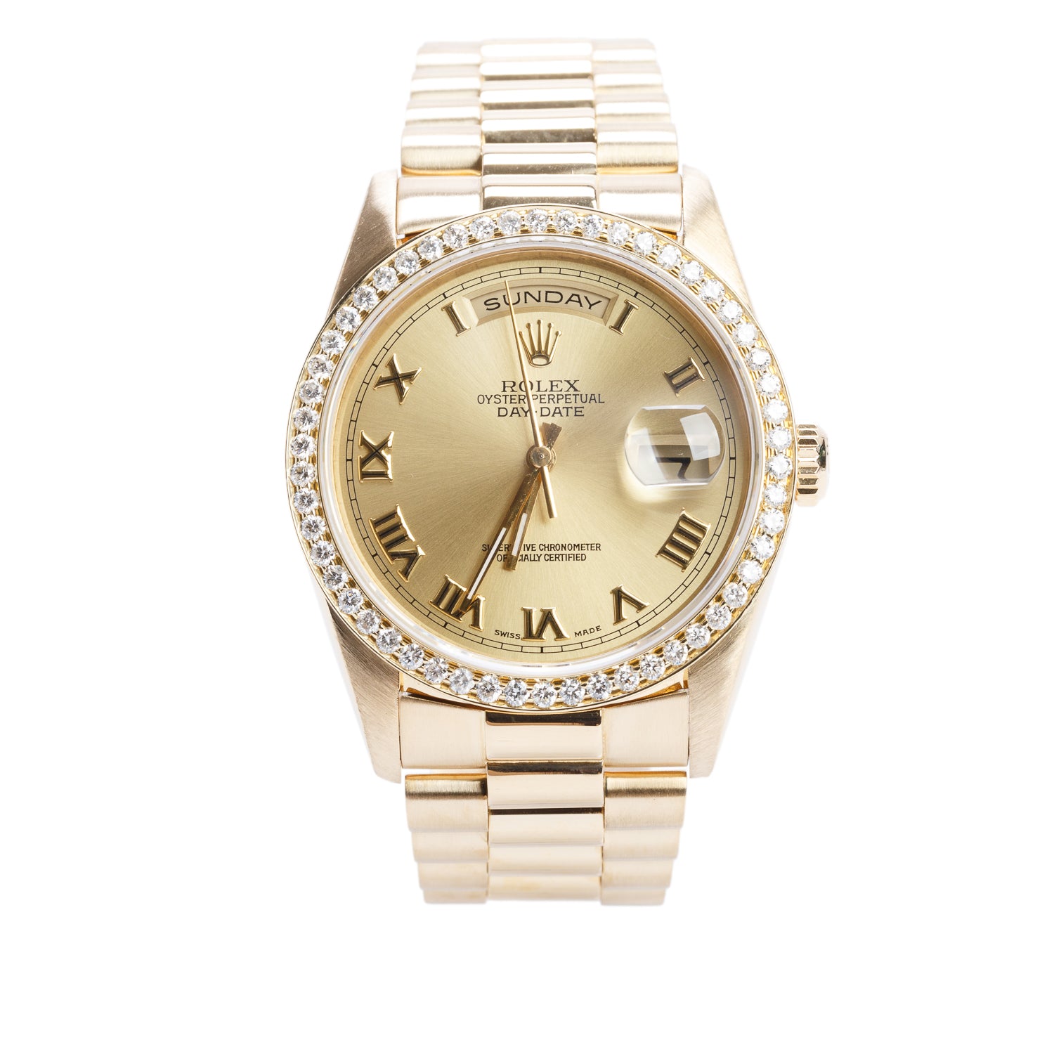 Rolex 18k Yellow Gold Diamond Bezel Day Date 36 MM President Automatic Watch Champagne Dial 18238 w/ Box