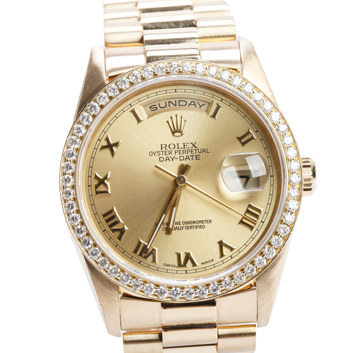 Rolex 18k Yellow Gold Diamond Bezel Day Date 36 MM President Automatic Watch Champagne Dial 18238 w/ Box