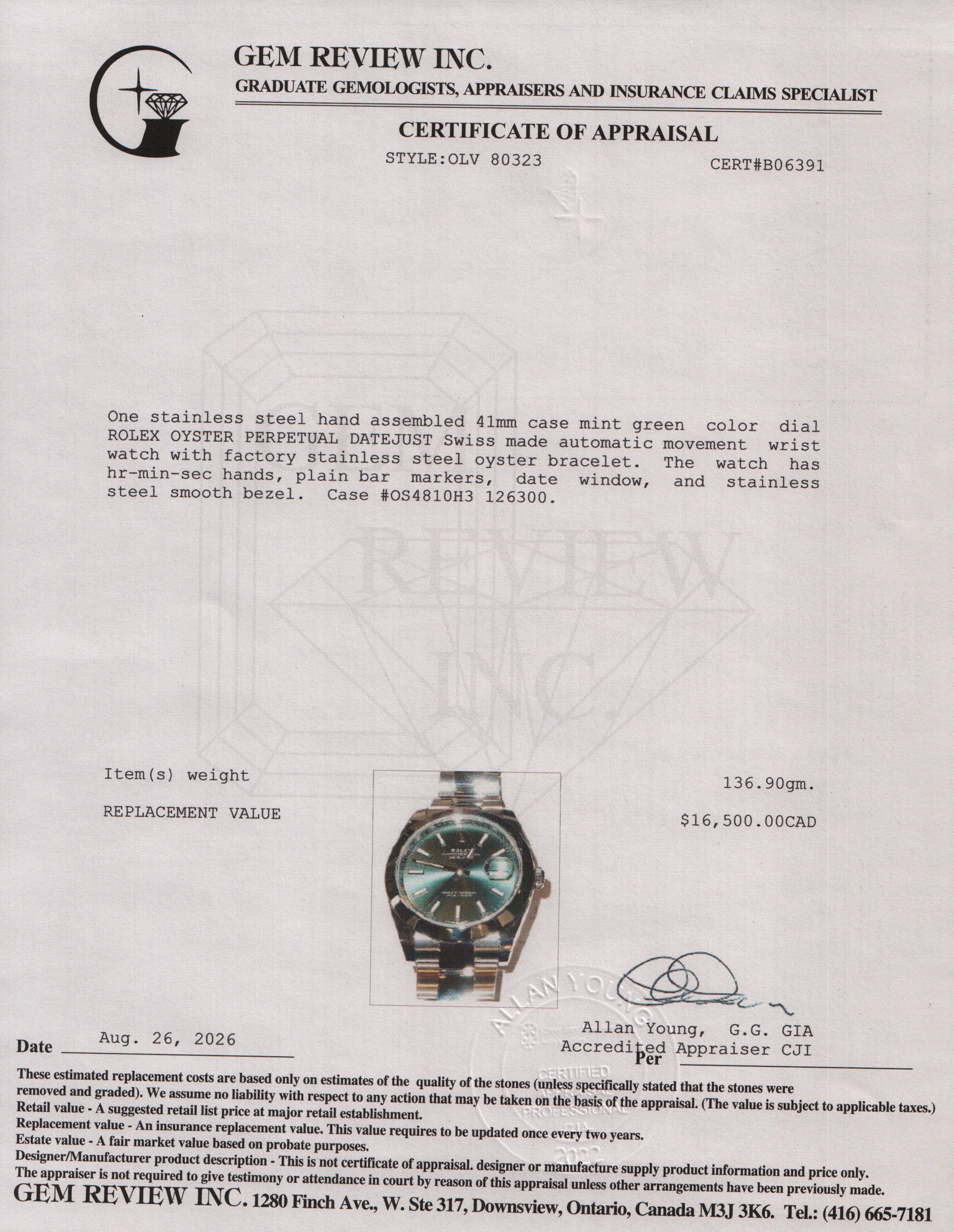 Rolex 2024 Stainless Steel Datejust 41 MM Automatic Watch Mint Green Dial 126300 w/ Box & Papers