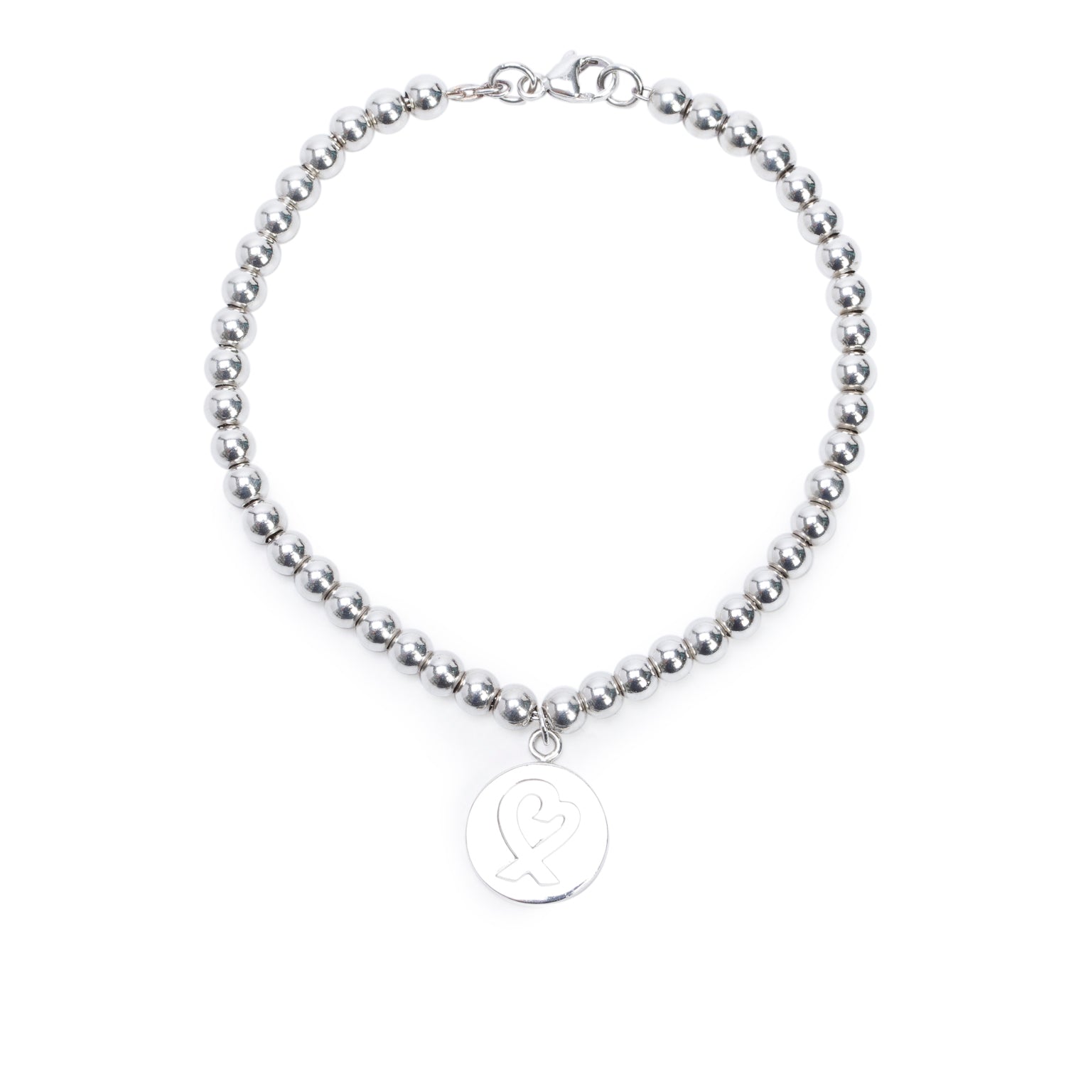 Tiffany & Co. Paloma Picasso Sterling Silver Loving Heart Round Charm 4 MM Bead Bracelet