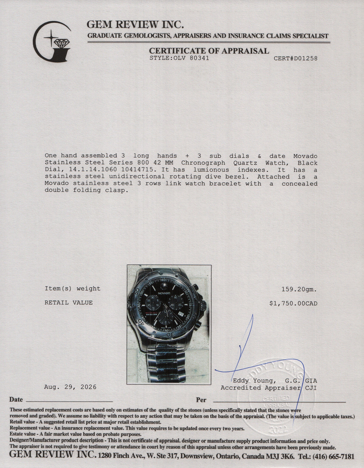 Movado Stainless Steel Series 800 42 MM Chronograph Quartz Watch Black Dial