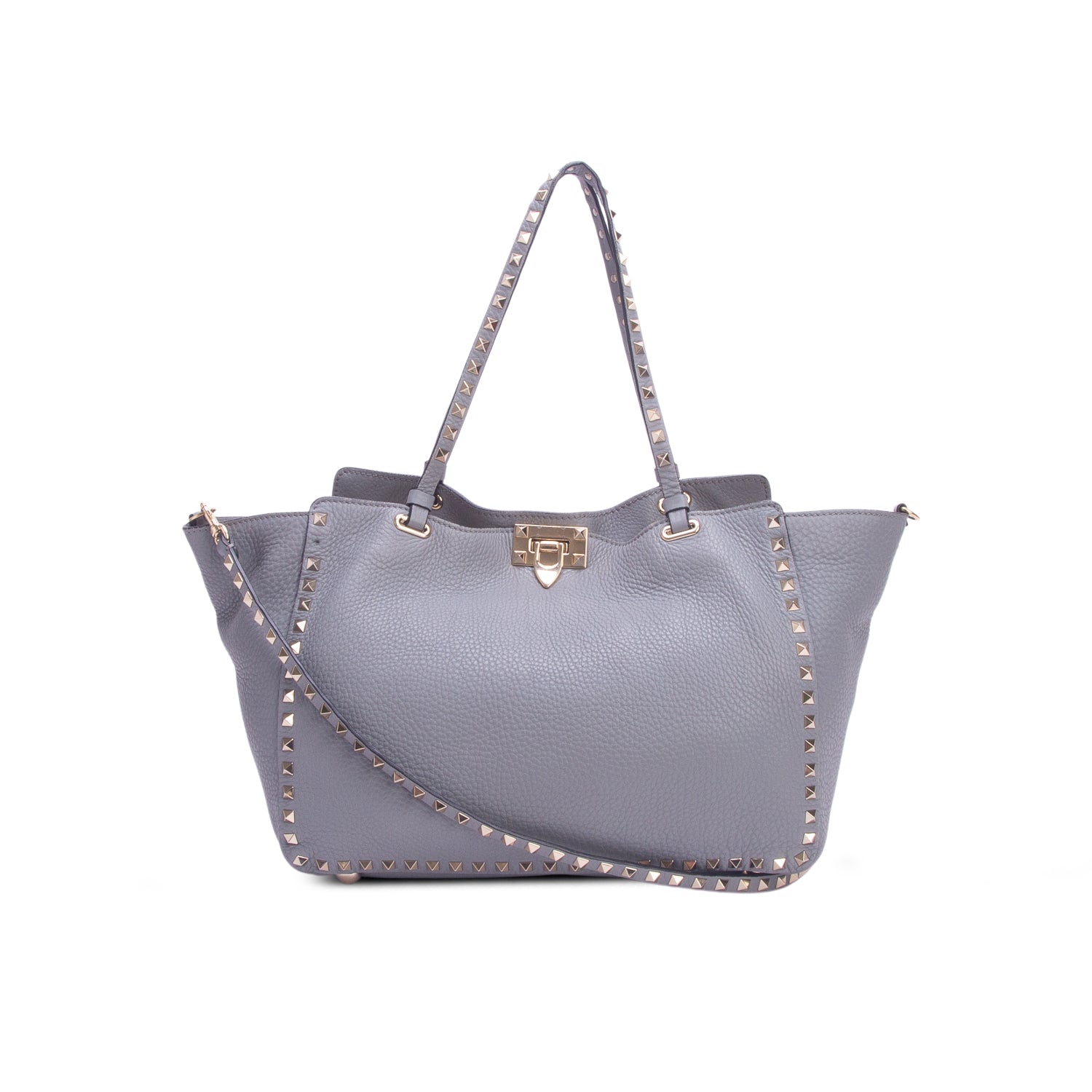 Valentino Grey Pebbled Calfskin Medium Rockstud Tote w/ Strap