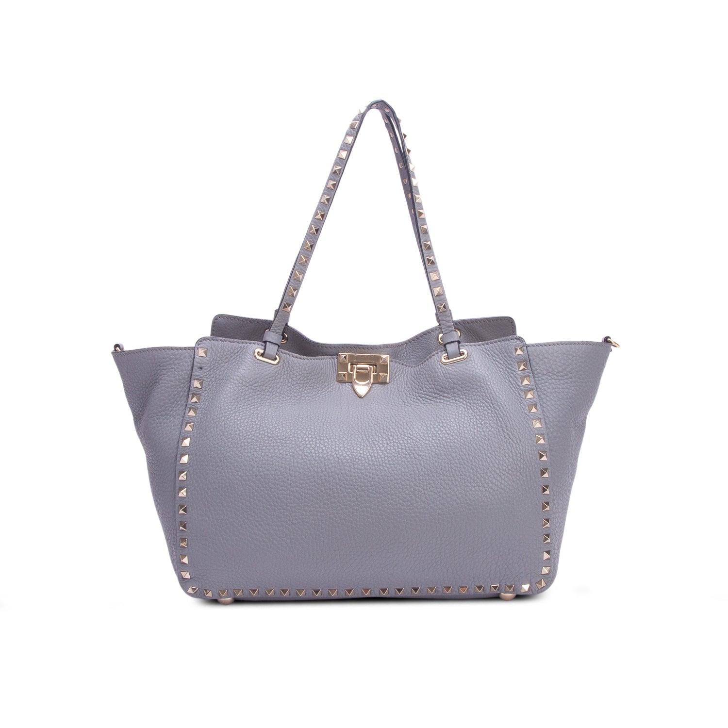 Valentino Grey Pebbled Calfskin Medium Rockstud Tote w/ Strap