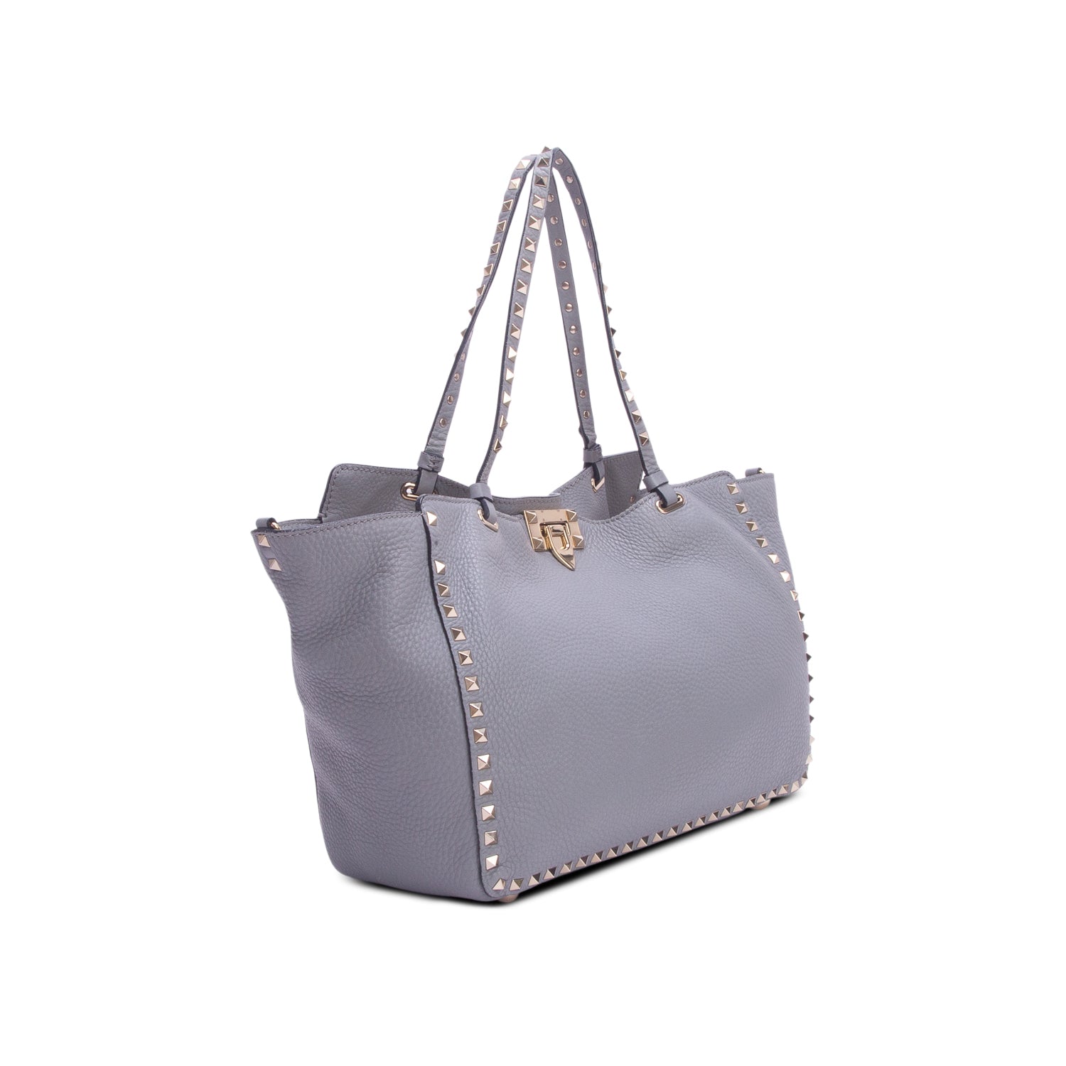 Valentino Grey Pebbled Calfskin Medium Rockstud Tote w/ Strap