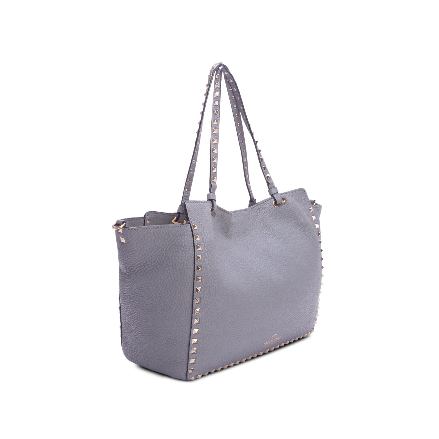 Valentino Grey Pebbled Calfskin Medium Rockstud Tote w/ Strap