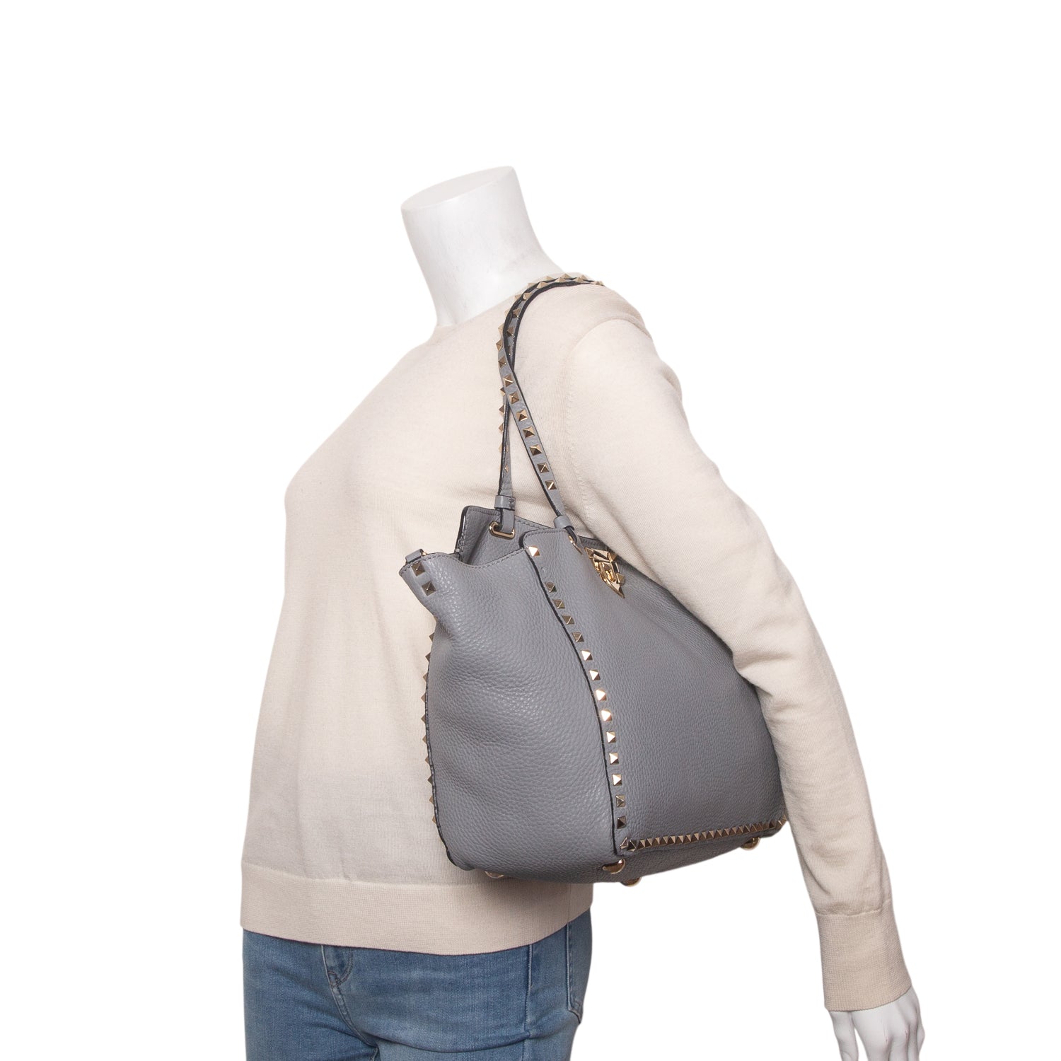 Valentino Grey Pebbled Calfskin Medium Rockstud Tote w/ Strap