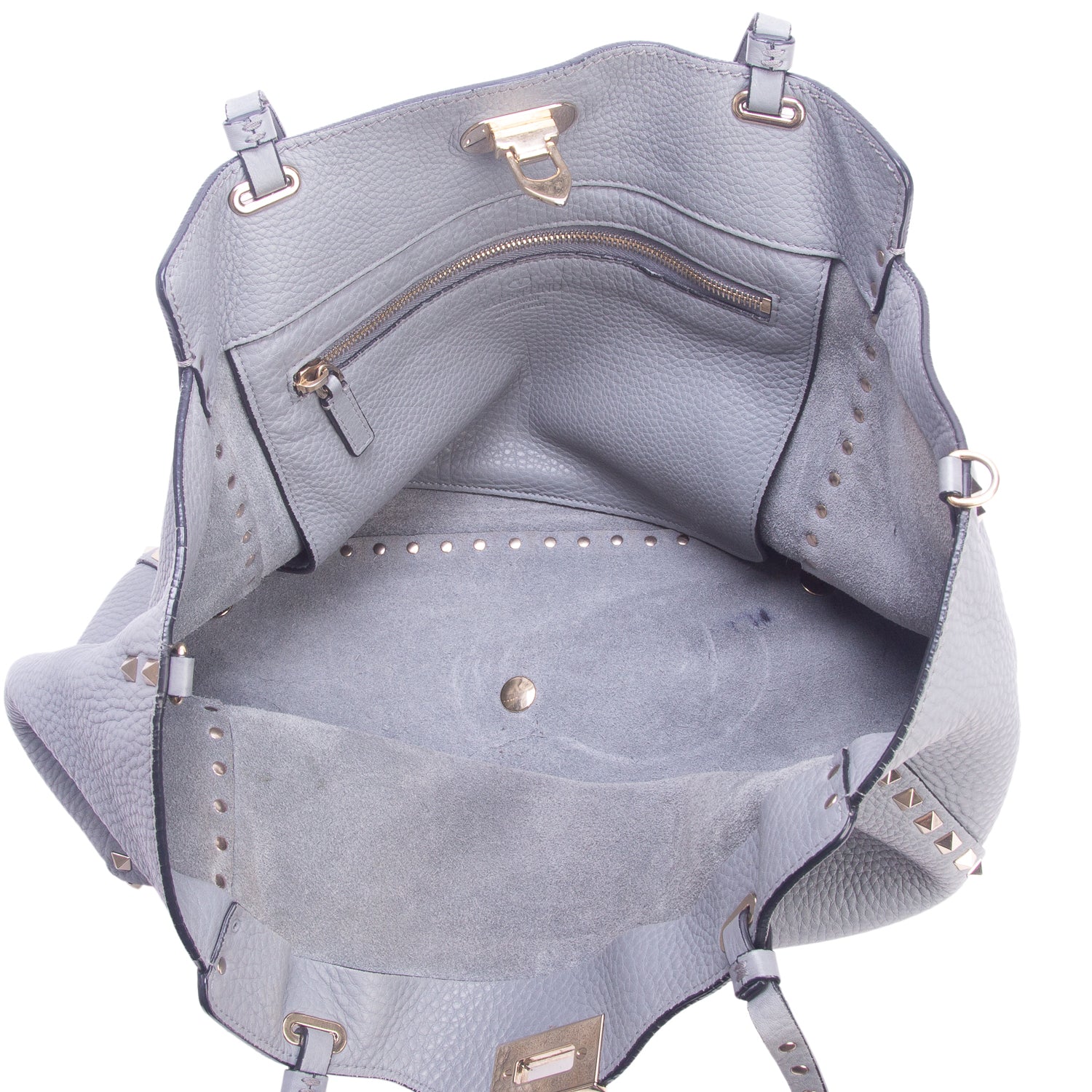 Valentino Grey Pebbled Calfskin Medium Rockstud Tote w/ Strap