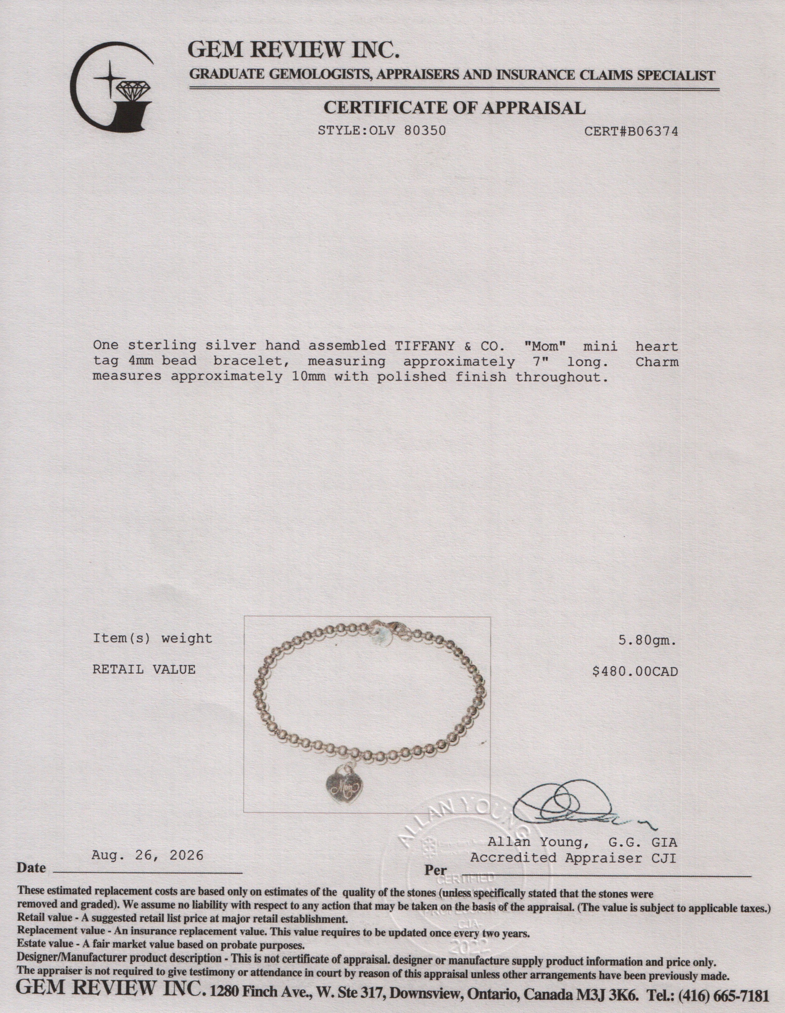 Tiffany & Co. Sterling Silver 'Mom' Mini Heart Tag 4 MM Bead Bracelet