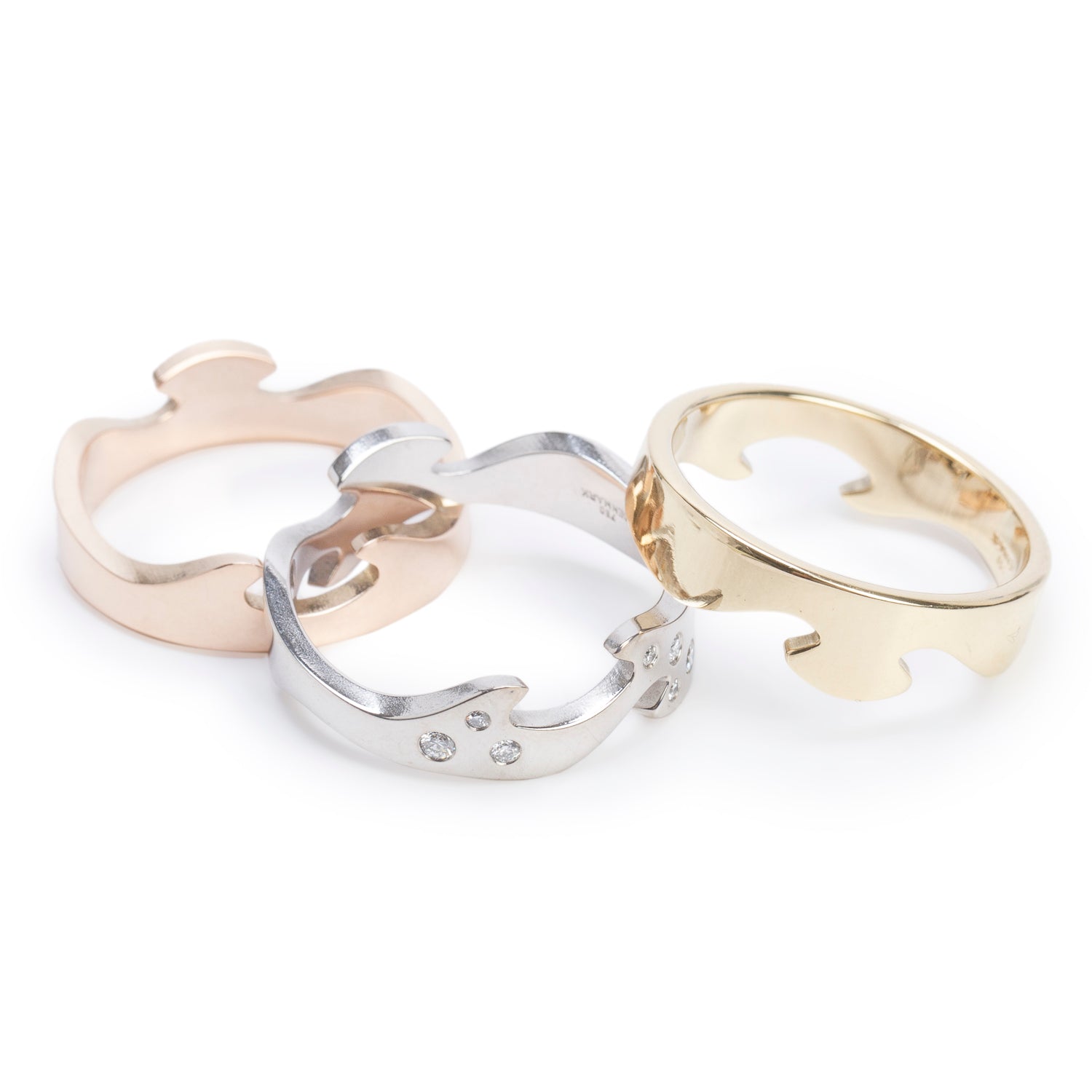 Georg Jensen 18k Tri-Gold & Diamond 3 Piece Fusion Ring, Size 65 11 w/ Receipt