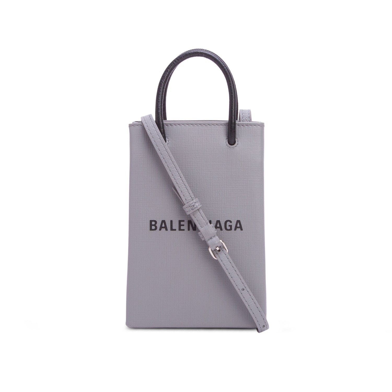 Balenciaga Grey Squared Calfskin Logo Shopping Phone Holder Bag