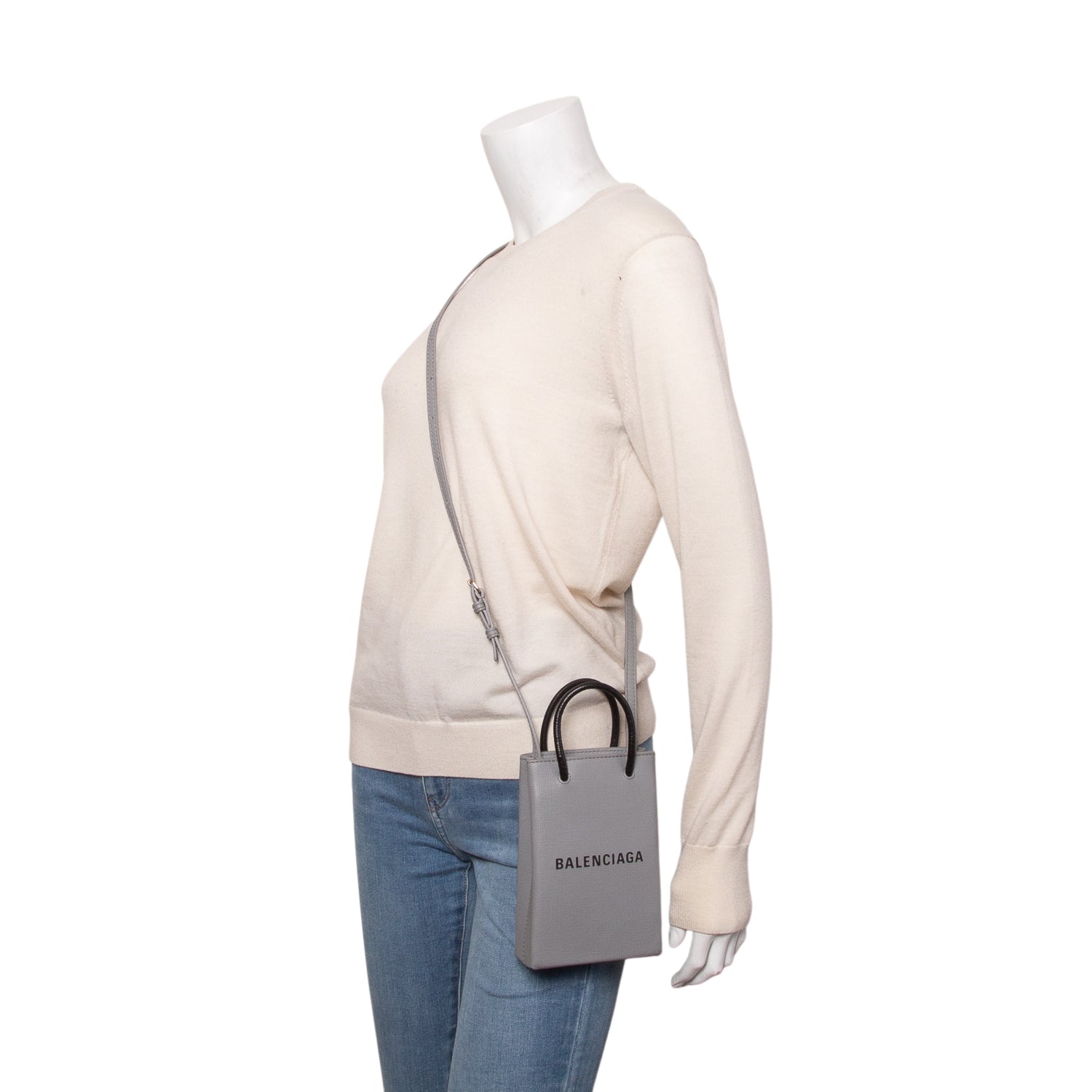 Balenciaga Grey Squared Calfskin Logo Shopping Phone Holder Bag
