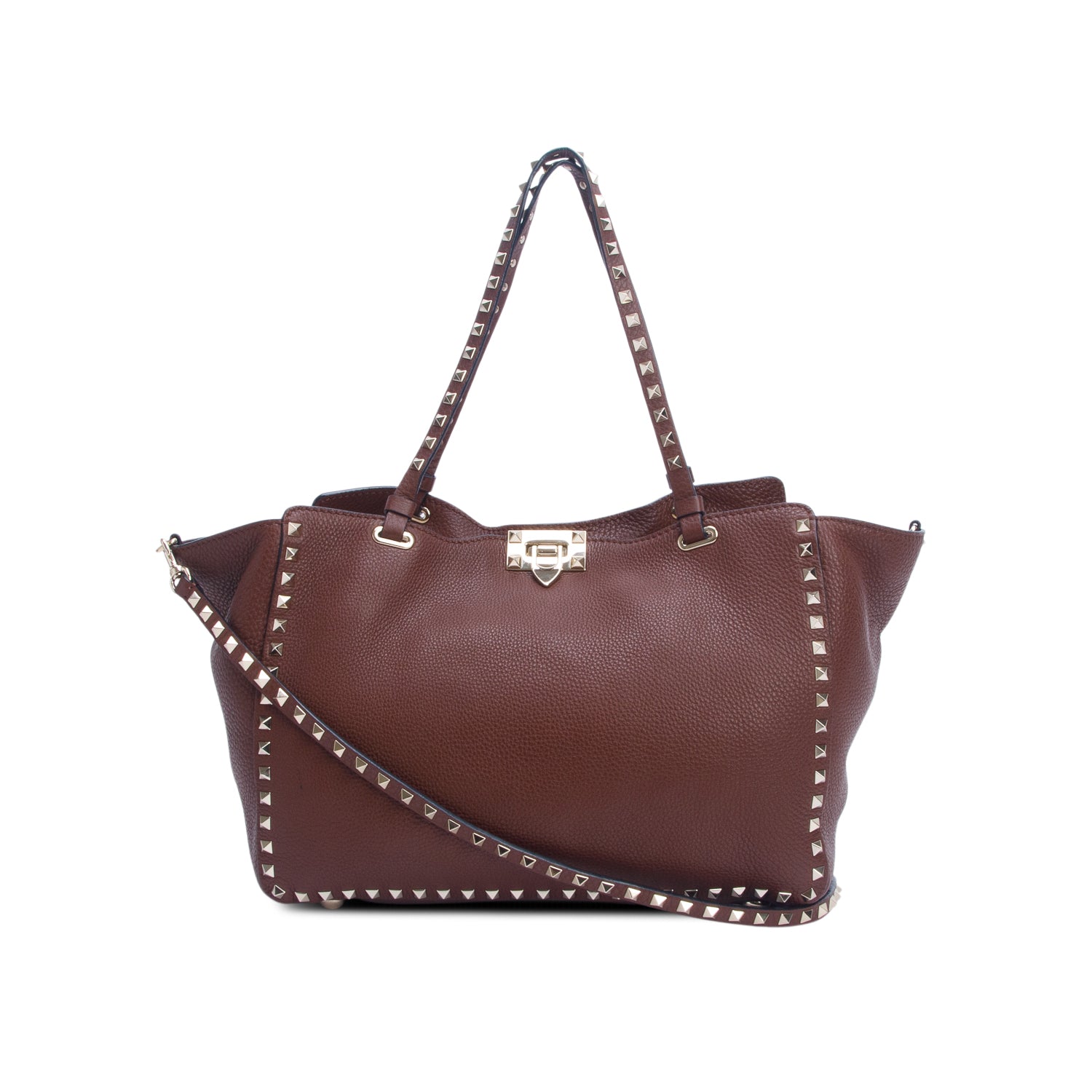 Valentino Brown Pebbled Calfskin Medium Rockstud Tote w/ Strap